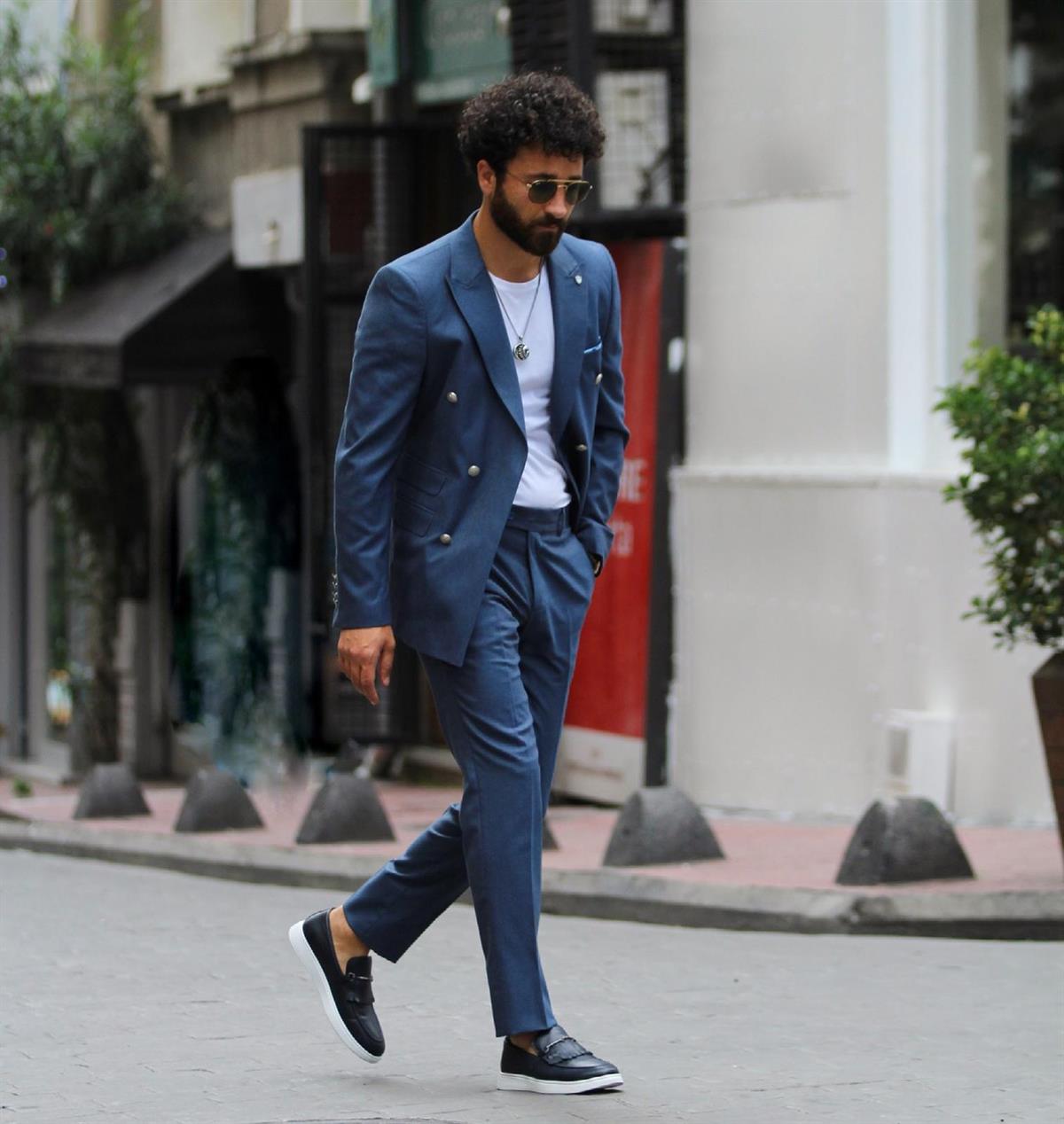 İtalyan Stil Kruvaze Takım Elbise Ceket Pantolon - Mavi