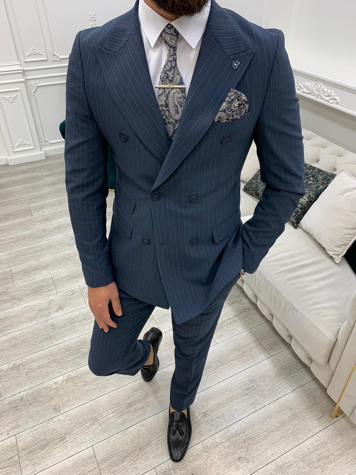 İtalyan Stil  Kruvaze Takım Elbise Ceket Pantolon - Mavi