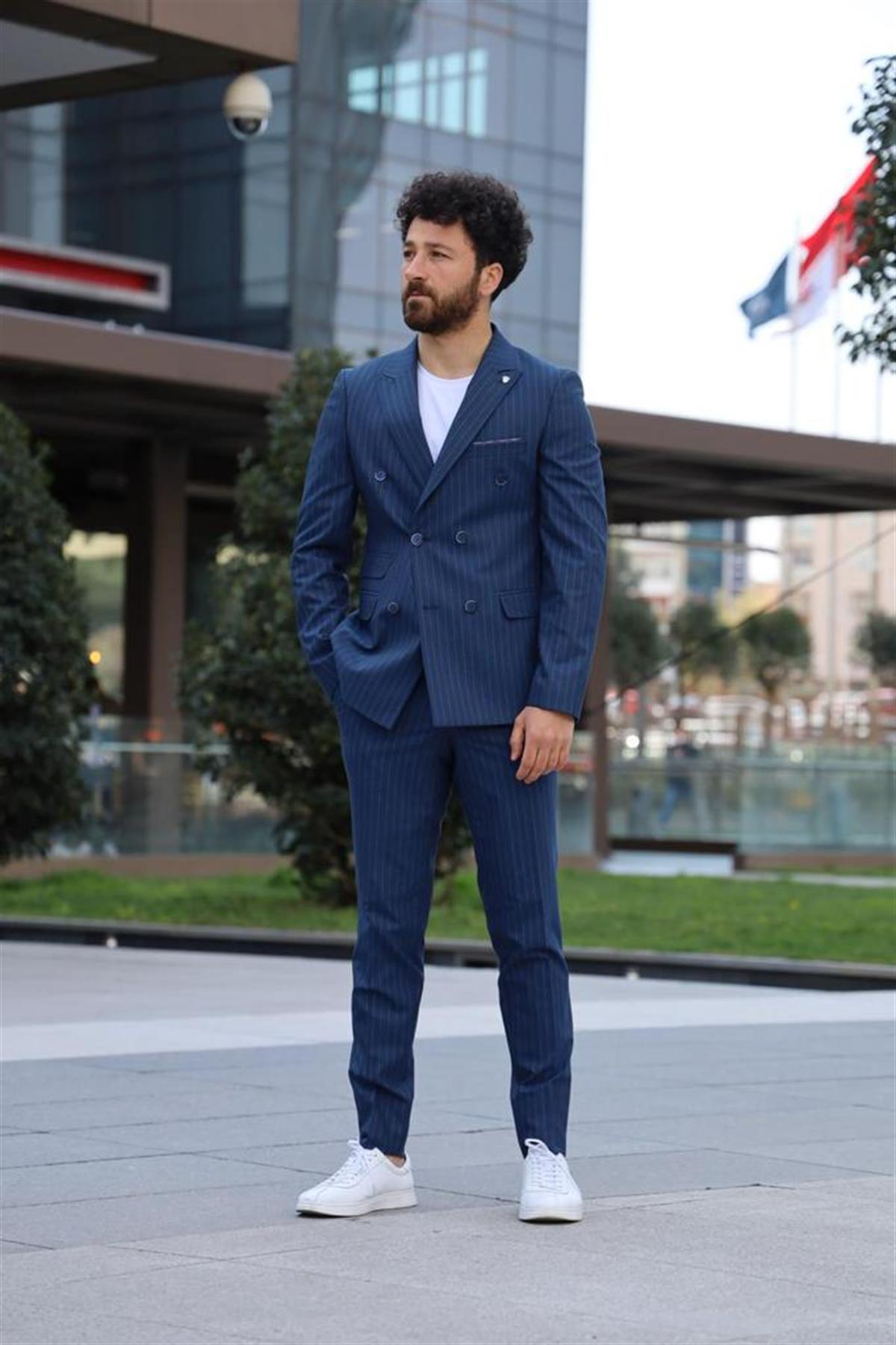 İtalyan Stil Kruvaze Takım Elbise Ceket Pantolon - Lacivert