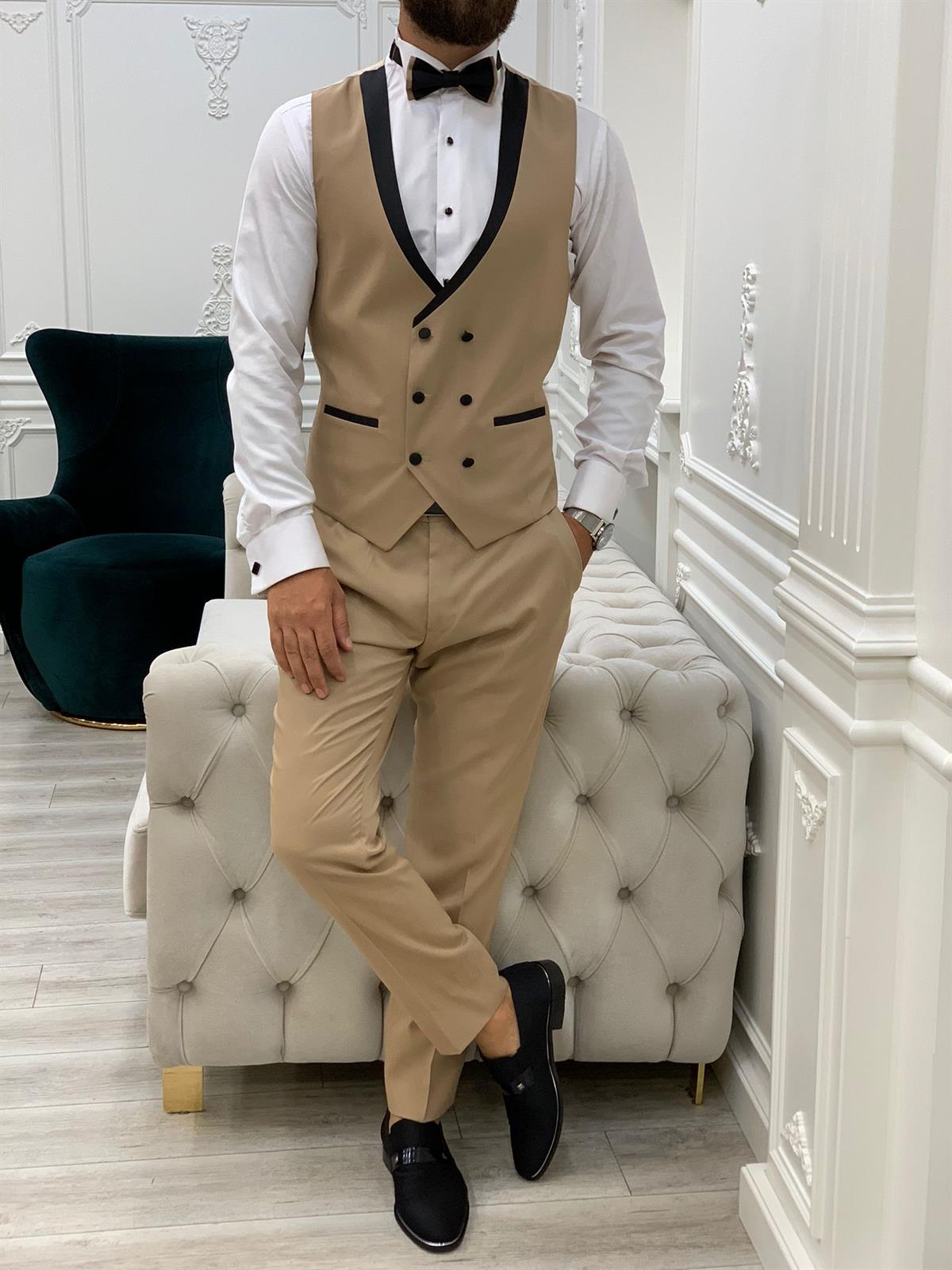İtalyan Stil Smokin Ceket Yelek Pantolon Papyon - Krem