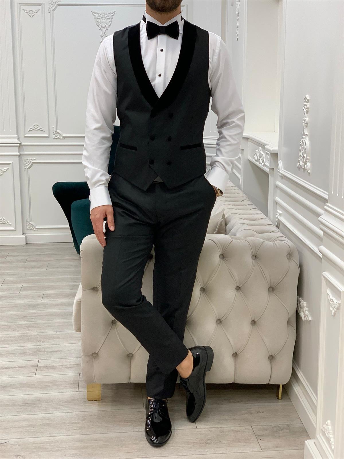 İtalyan Stil Smokin Ceket Yelek Pantolon Papyon - Siyah