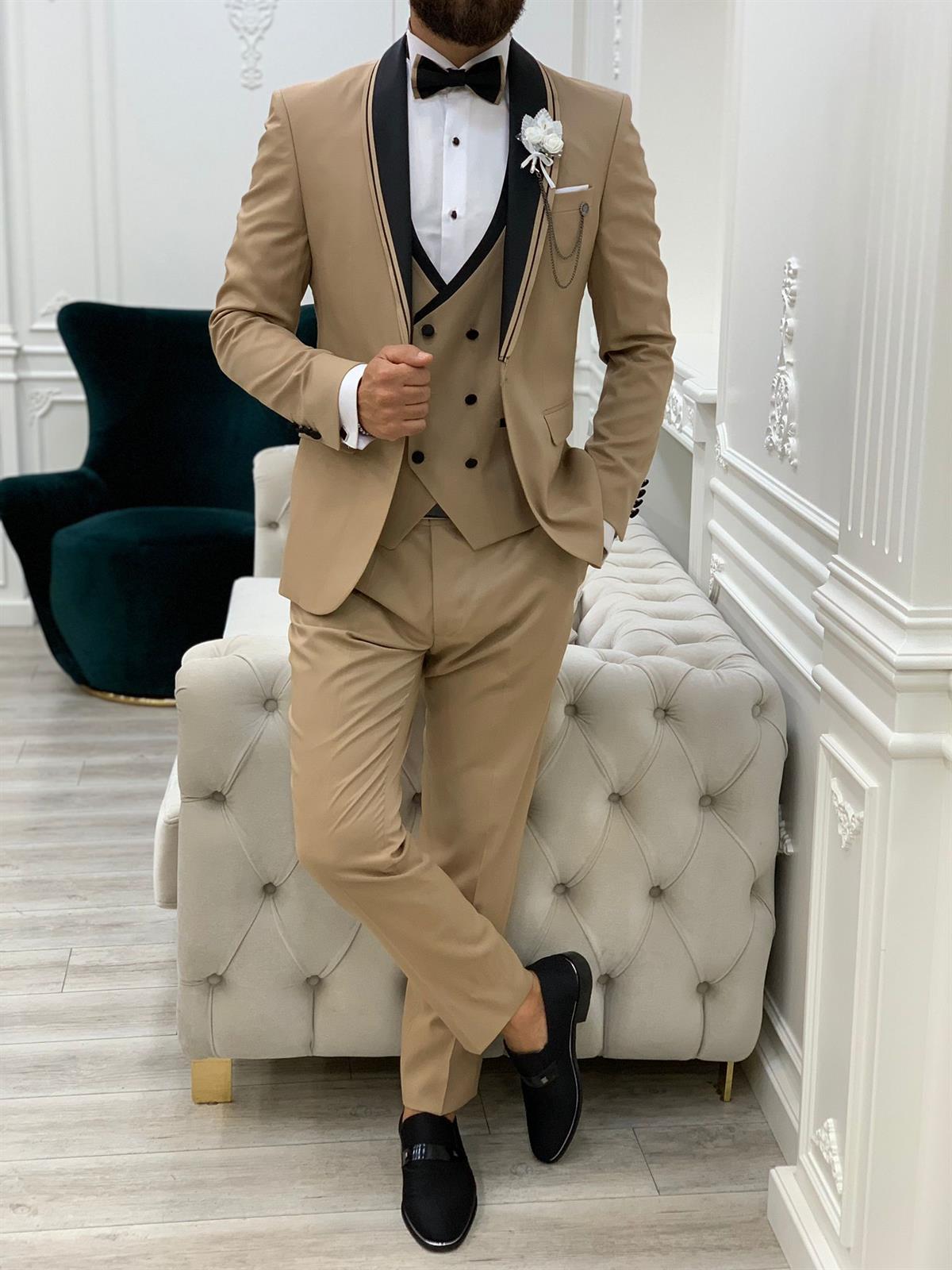 İtalyan Stil Smokin Ceket Yelek Pantolon Papyon - Krem