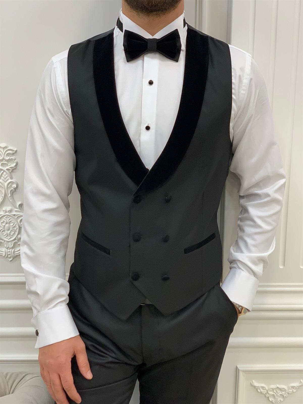 İtalyan Stil Smokin Ceket Yelek Pantolon Papyon - Siyah