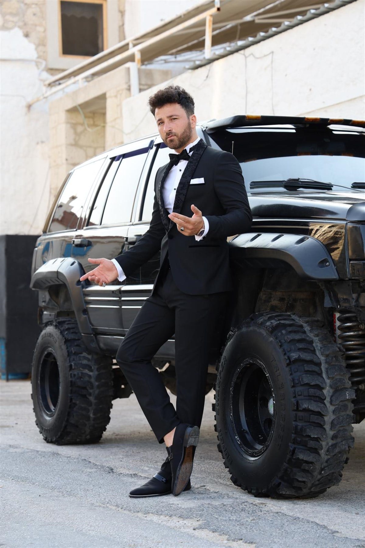 İtalyan Stil Smokin Ceket Yelek Pantolon Papyon - Siyah