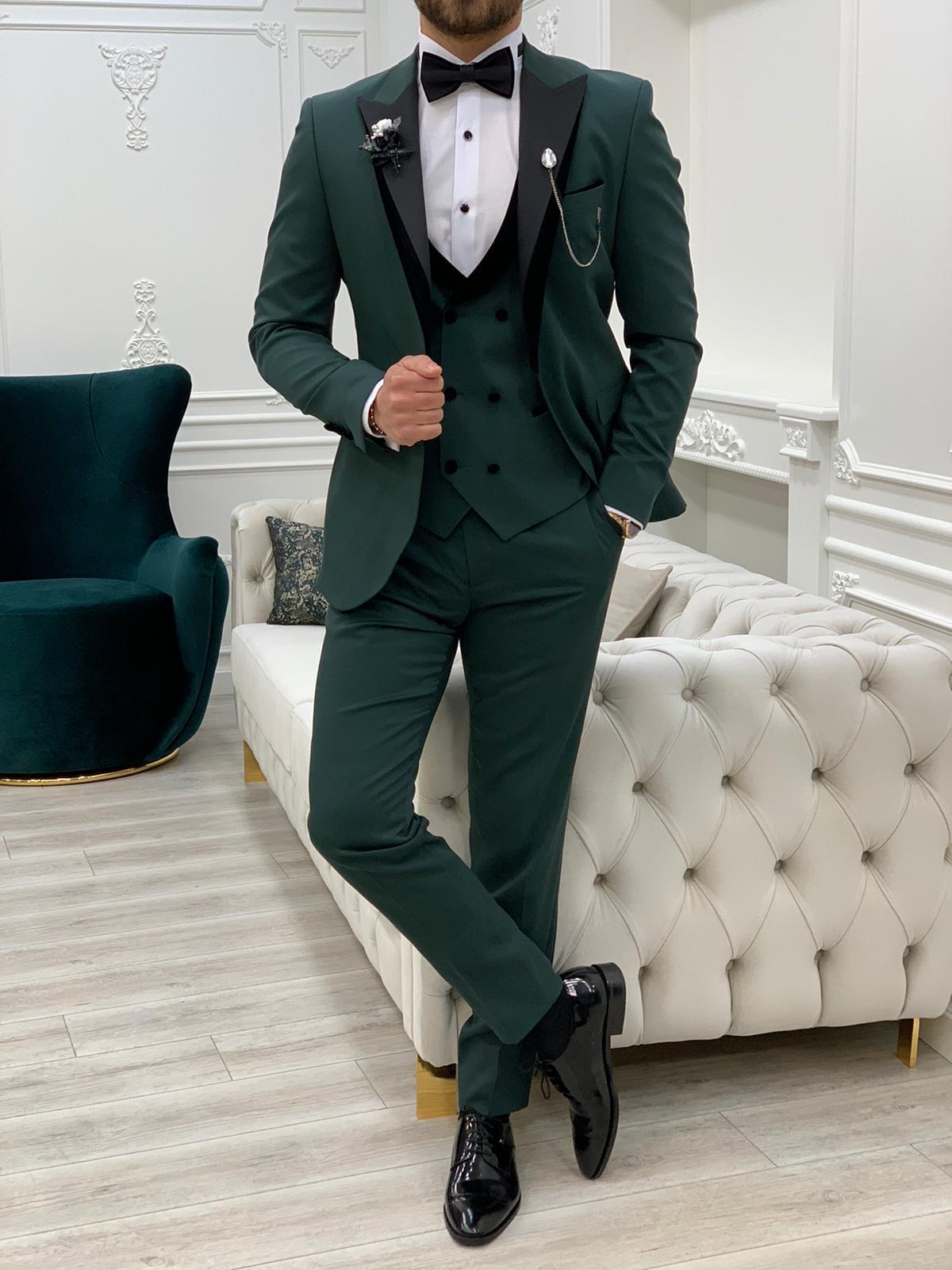 Italian Style Tuxedo Jacket Vest Pants Bow Tie - Green
