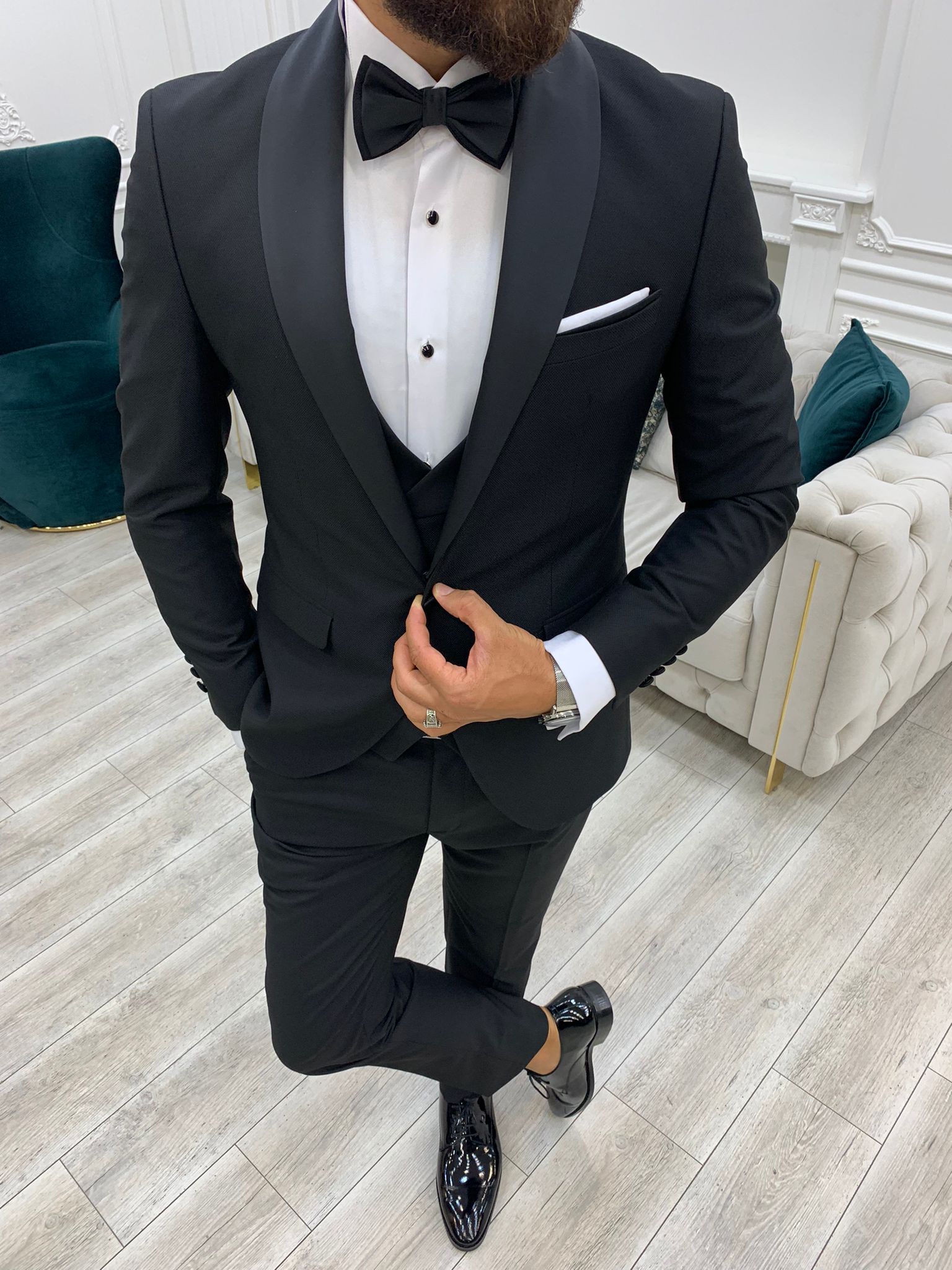İtalyan Stil Smokin Ceket Yelek Pantolon Papyon - Siyah