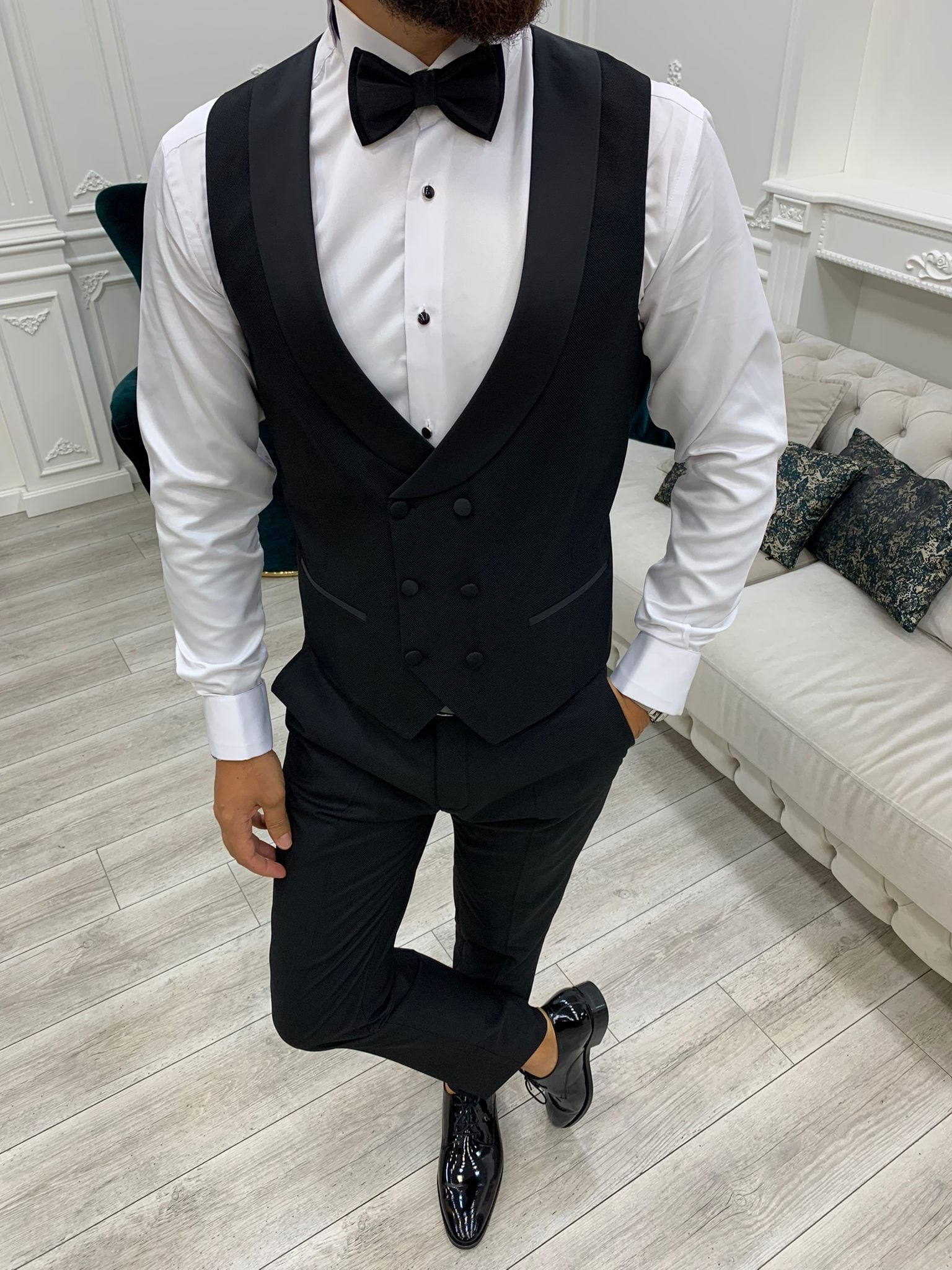 İtalyan Stil Smokin Ceket Yelek Pantolon Papyon - Siyah