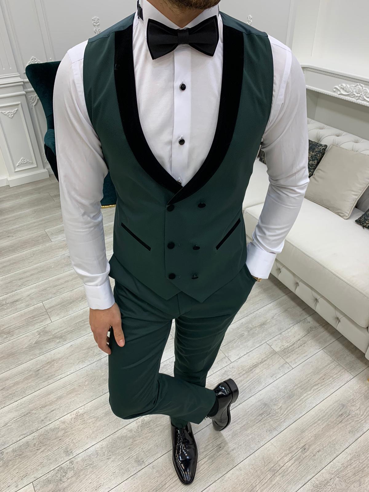 Italian Style Tuxedo Jacket Vest Pants Bow Tie - Green