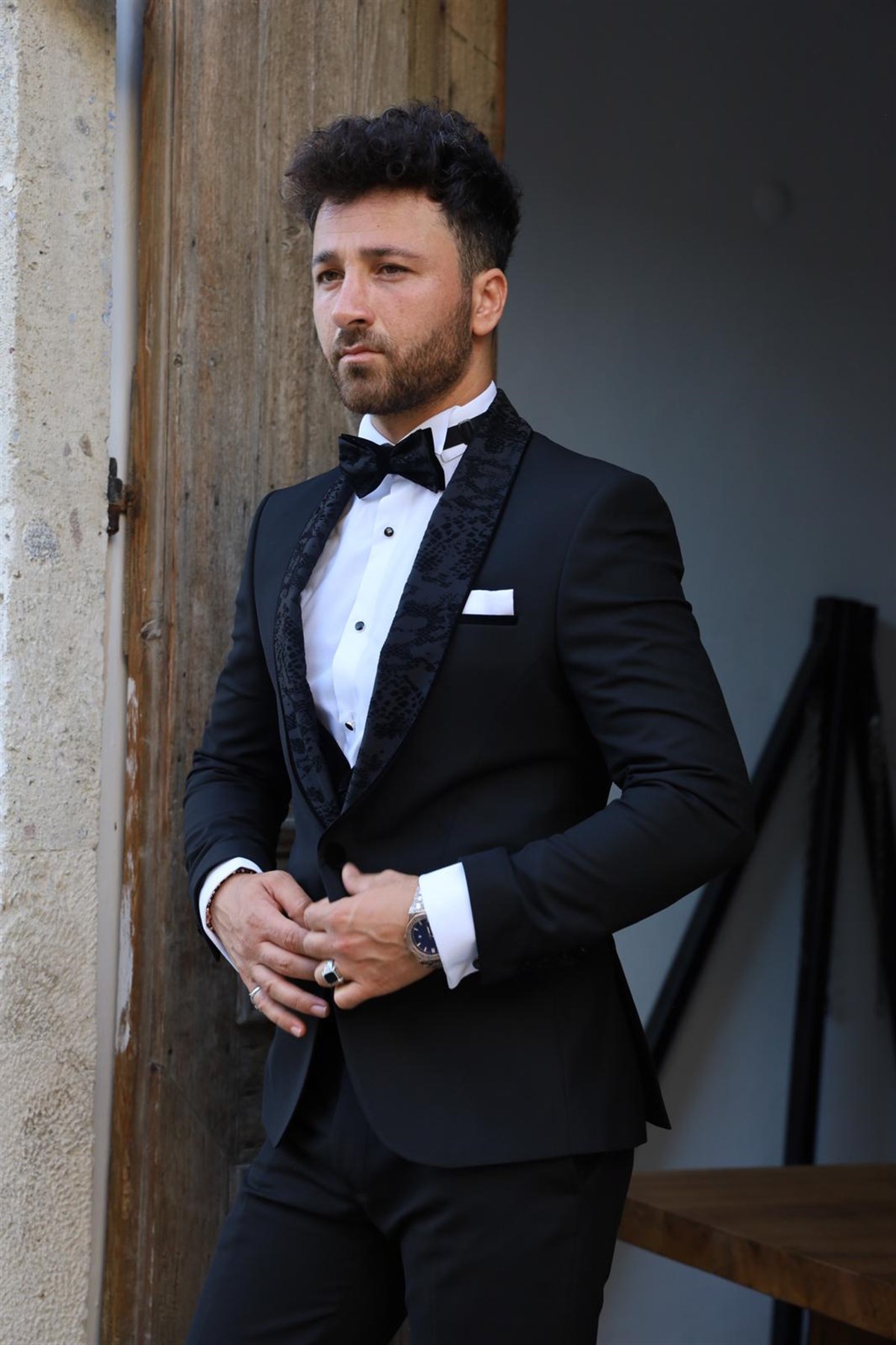 İtalyan Stil Smokin Ceket Yelek Pantolon Papyon - Siyah