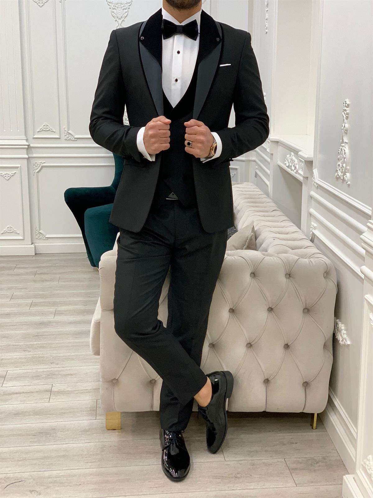 İtalyan Stil Smokin Ceket Yelek Pantolon Papyon - Siyah