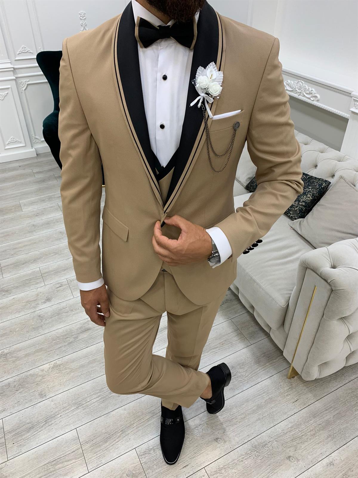 İtalyan Stil Smokin Ceket Yelek Pantolon Papyon - Krem