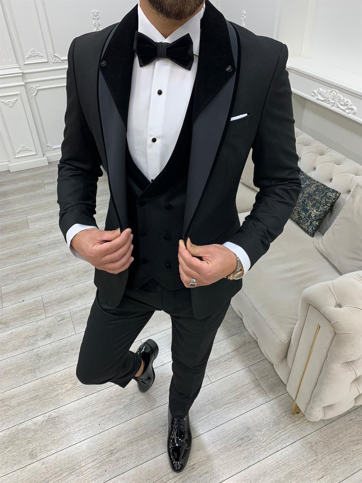 İtalyan Stil Smokin Ceket Yelek Pantolon Papyon - Siyah