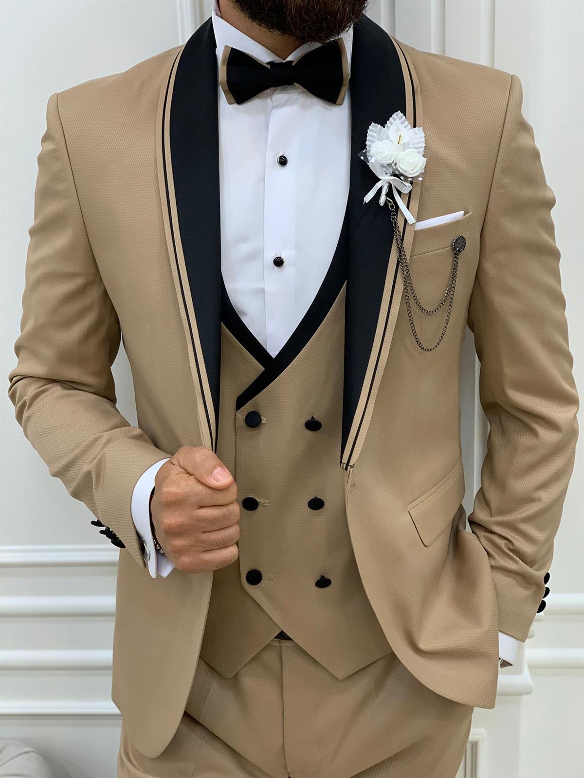 İtalyan Stil Smokin Ceket Yelek Pantolon Papyon - Krem