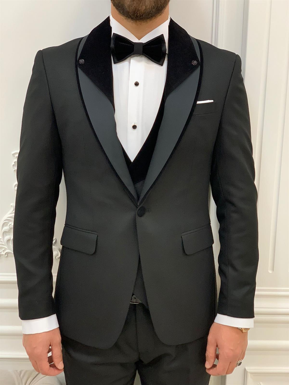 İtalyan Stil Smokin Ceket Yelek Pantolon Papyon - Siyah
