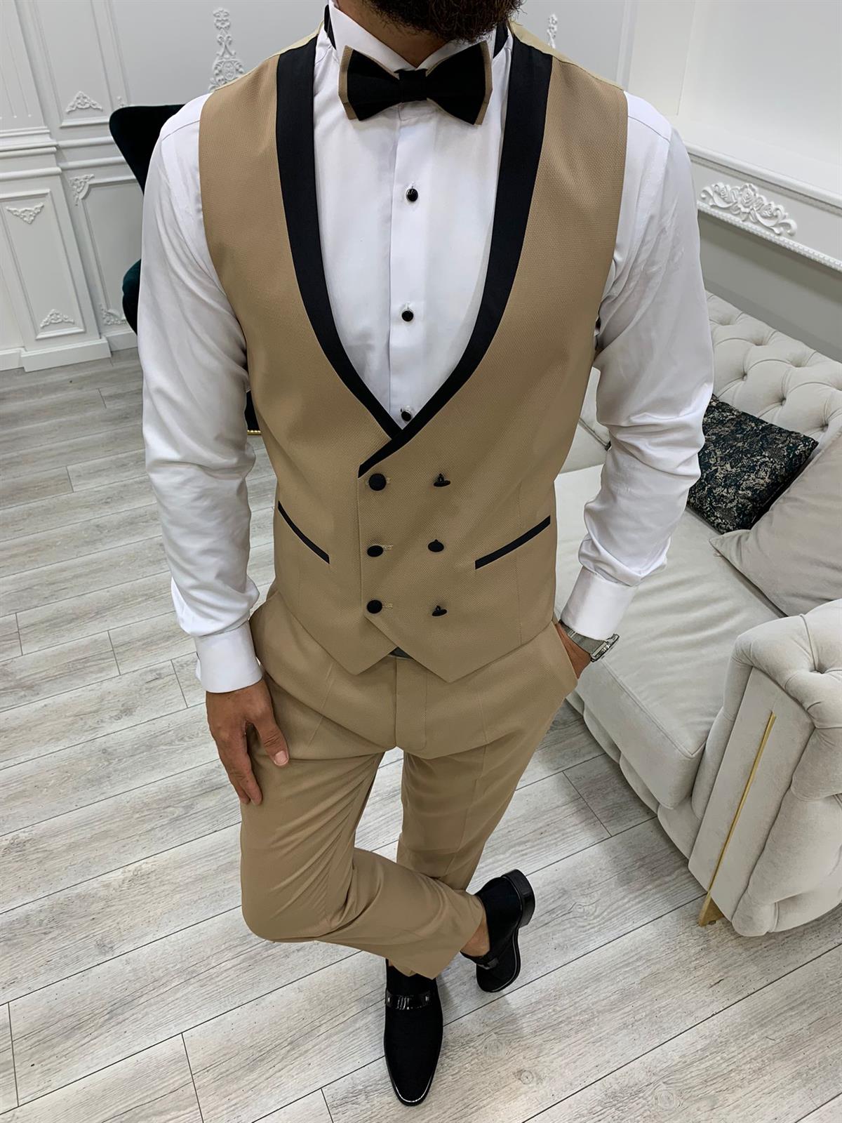 İtalyan Stil Smokin Ceket Yelek Pantolon Papyon - Krem