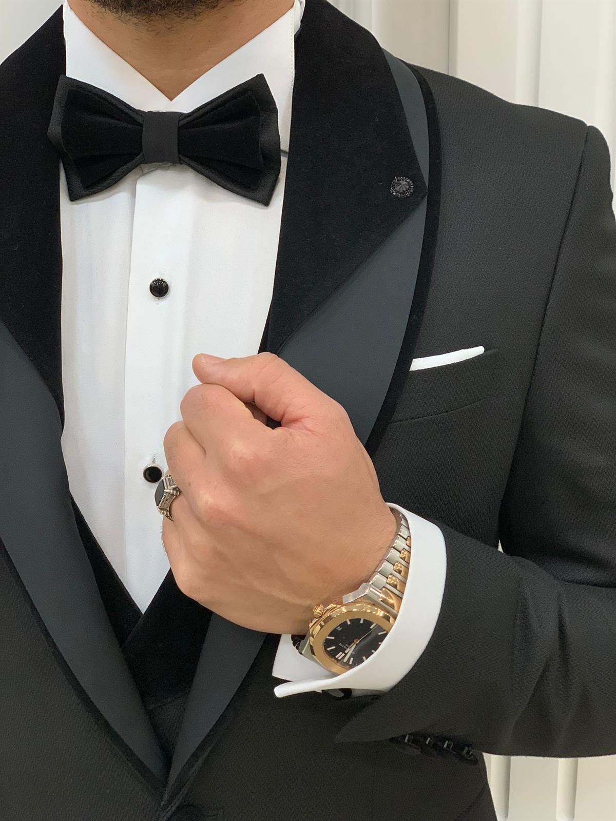 İtalyan Stil Smokin Ceket Yelek Pantolon Papyon - Siyah