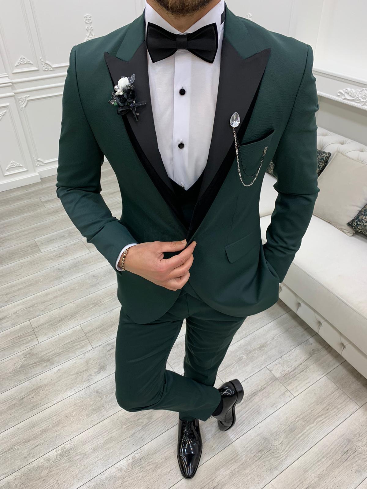 Italian Style Tuxedo Jacket Vest Pants Bow Tie - Green