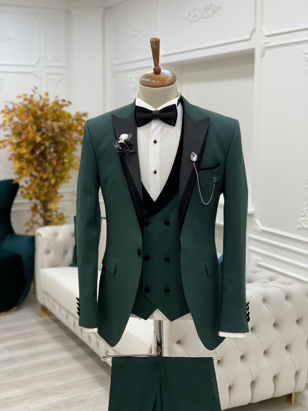 Italian Style Tuxedo Jacket Vest Pants Bow Tie - Green