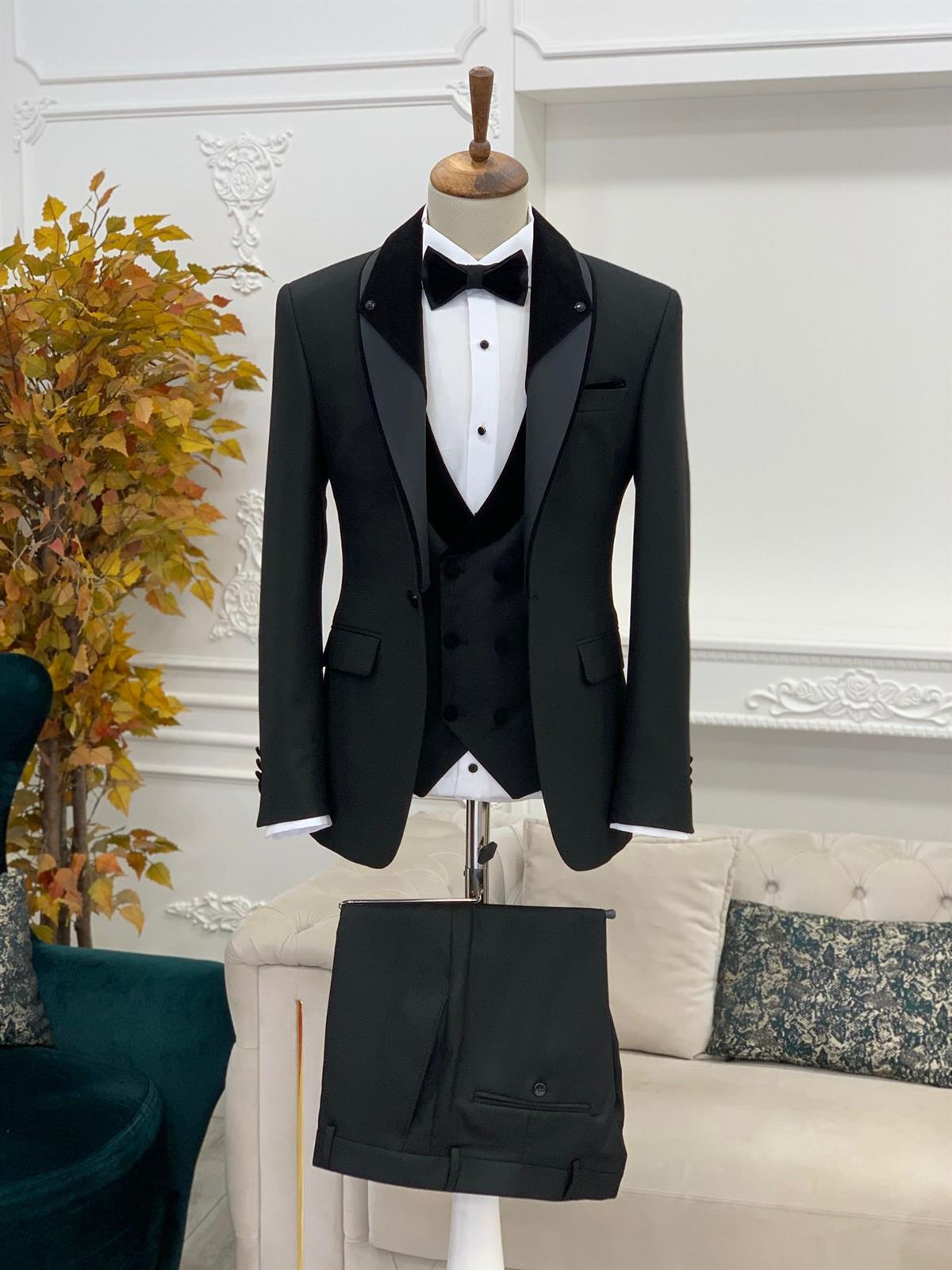 İtalyan Stil Smokin Ceket Yelek Pantolon Papyon - Siyah