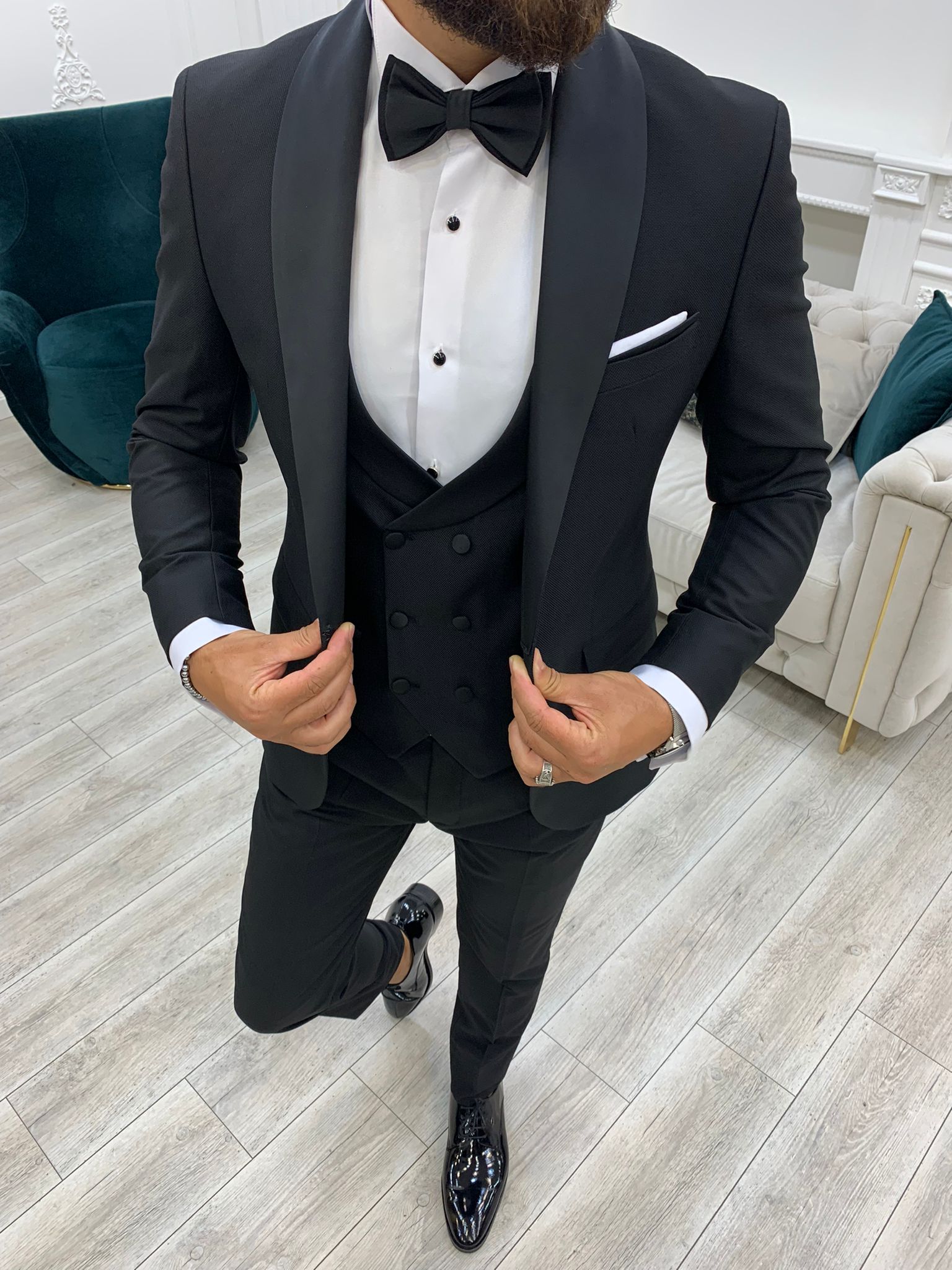 İtalyan Stil Smokin Ceket Yelek Pantolon Papyon - Siyah