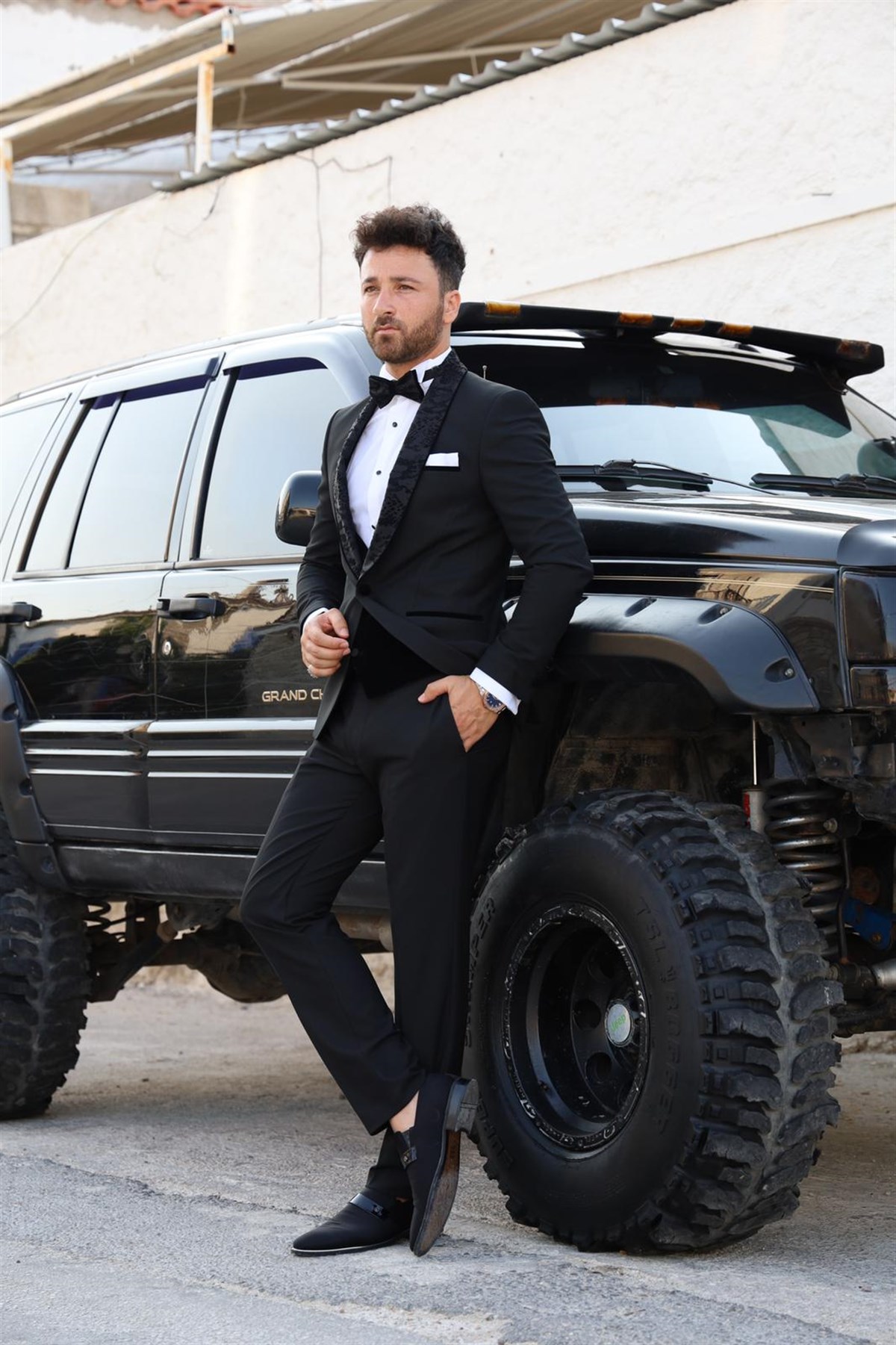 İtalyan Stil Smokin Ceket Yelek Pantolon Papyon - Siyah