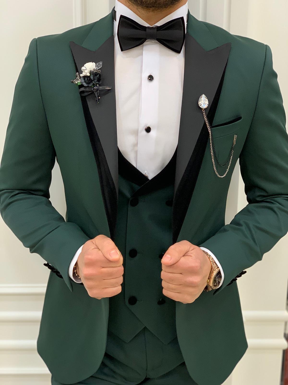 Italian Style Tuxedo Jacket Vest Pants Bow Tie - Green