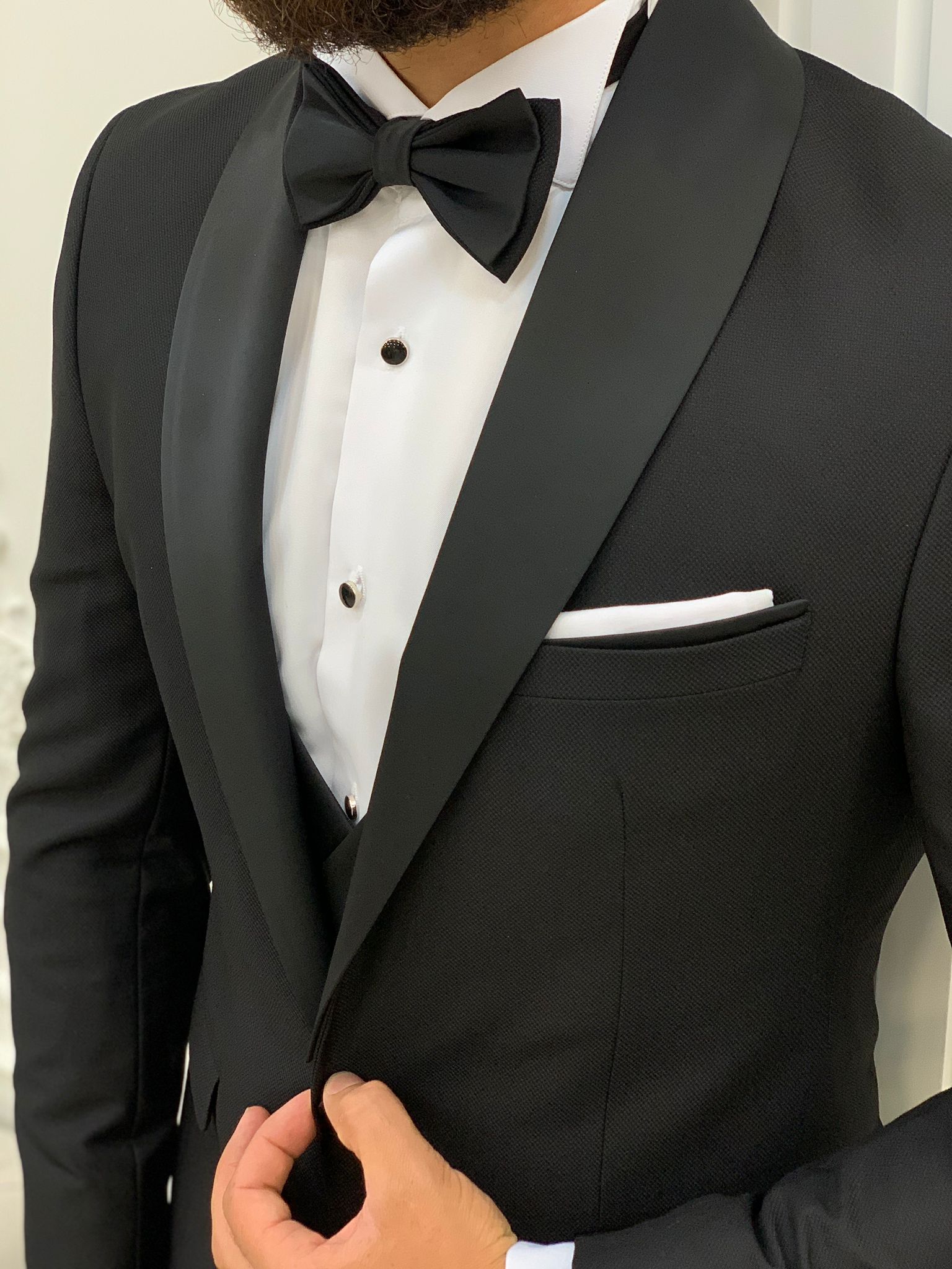 İtalyan Stil Smokin Ceket Yelek Pantolon Papyon - Siyah