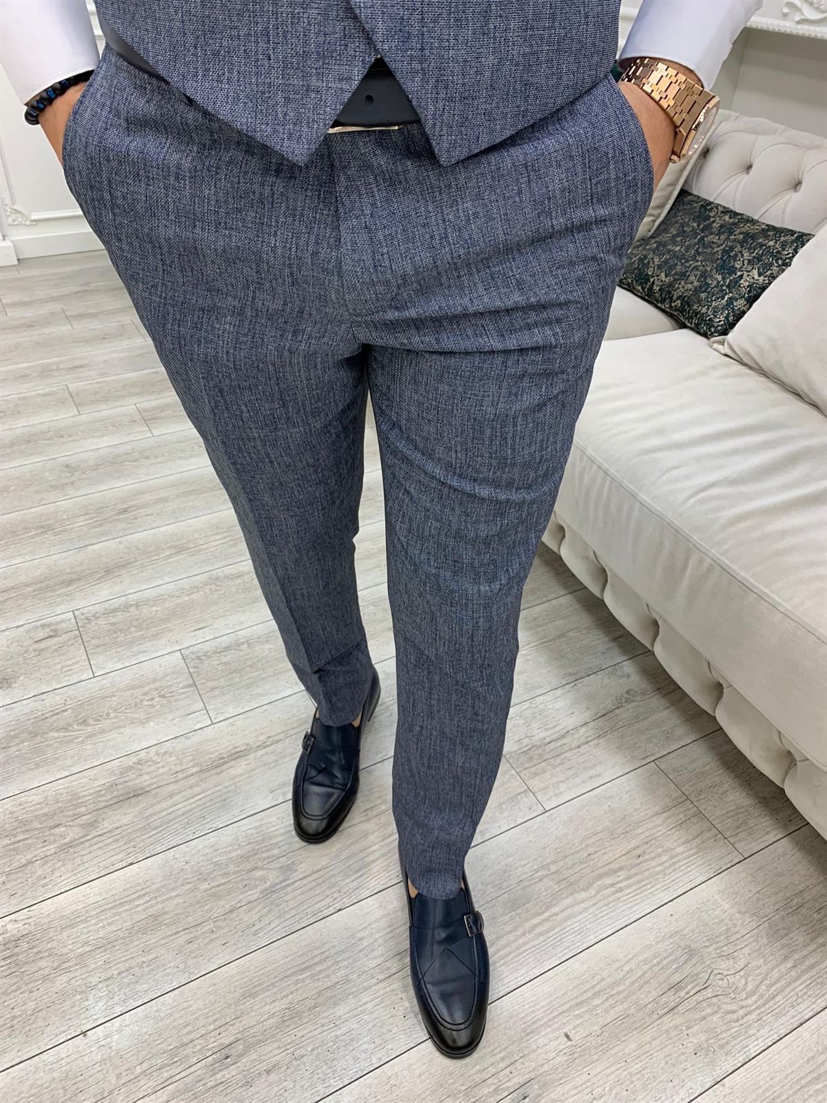 İtalyan Stil Takım Elbise Ceket Yelek Pantolon - Mavi