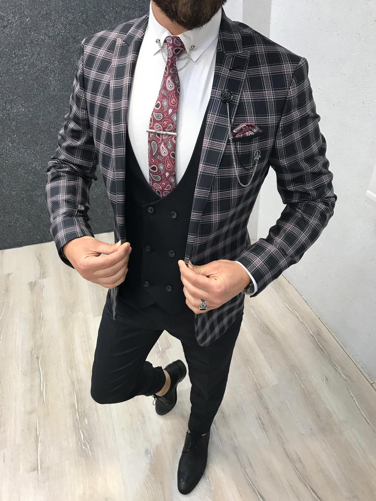 İtalyan Stil Takım Elbise Ceket Yelek Pantolon - Bordo Ekose