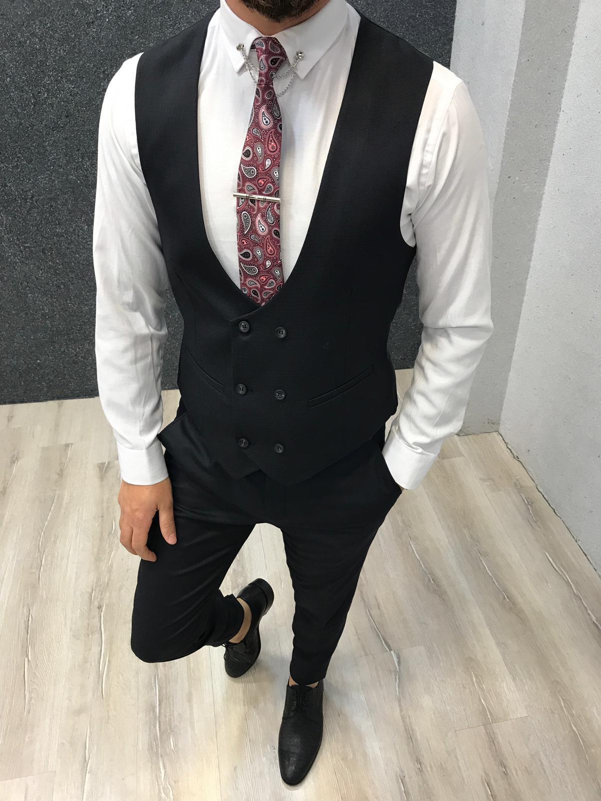 İtalyan Stil Takım Elbise Ceket Yelek Pantolon - Bordo Ekose