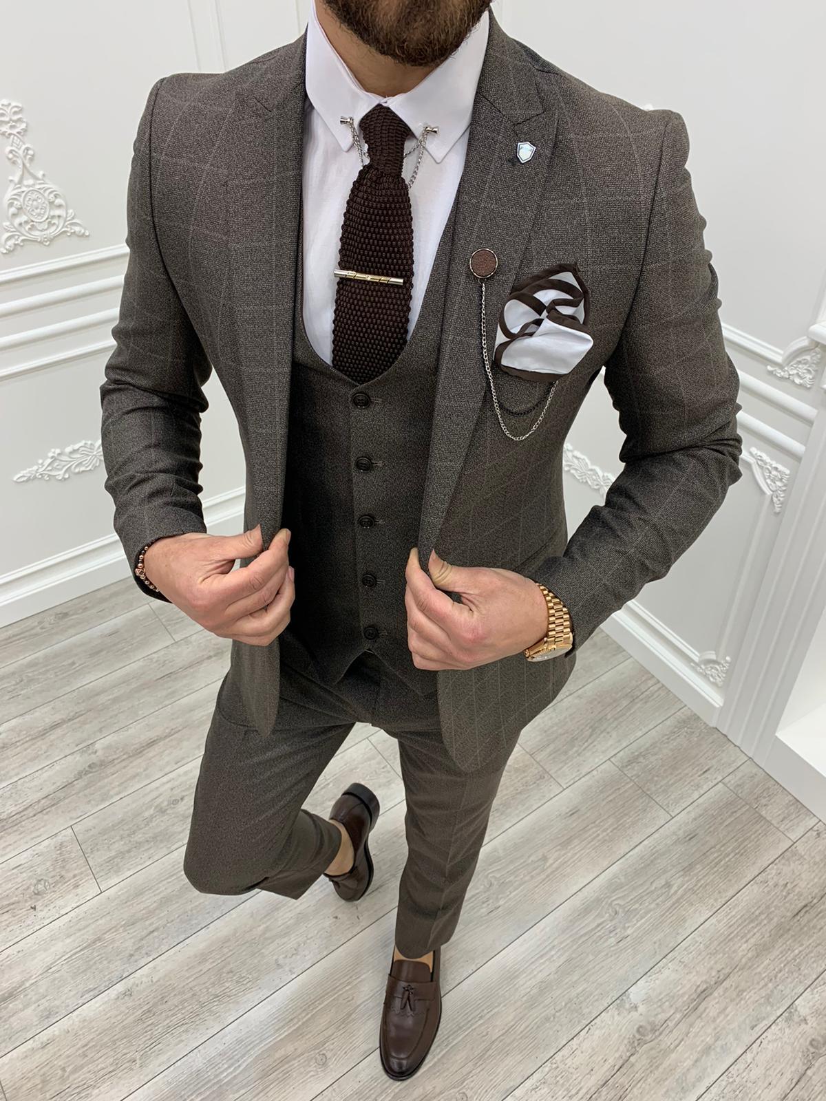 İtalyan Stil Takım Elbise Ceket Yelek Pantolon - Kahve