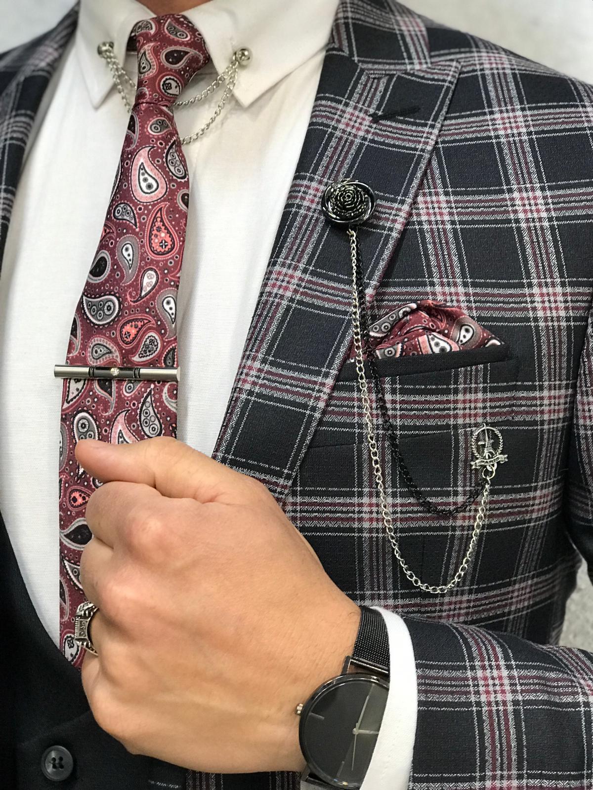İtalyan Stil Takım Elbise Ceket Yelek Pantolon - Bordo Ekose
