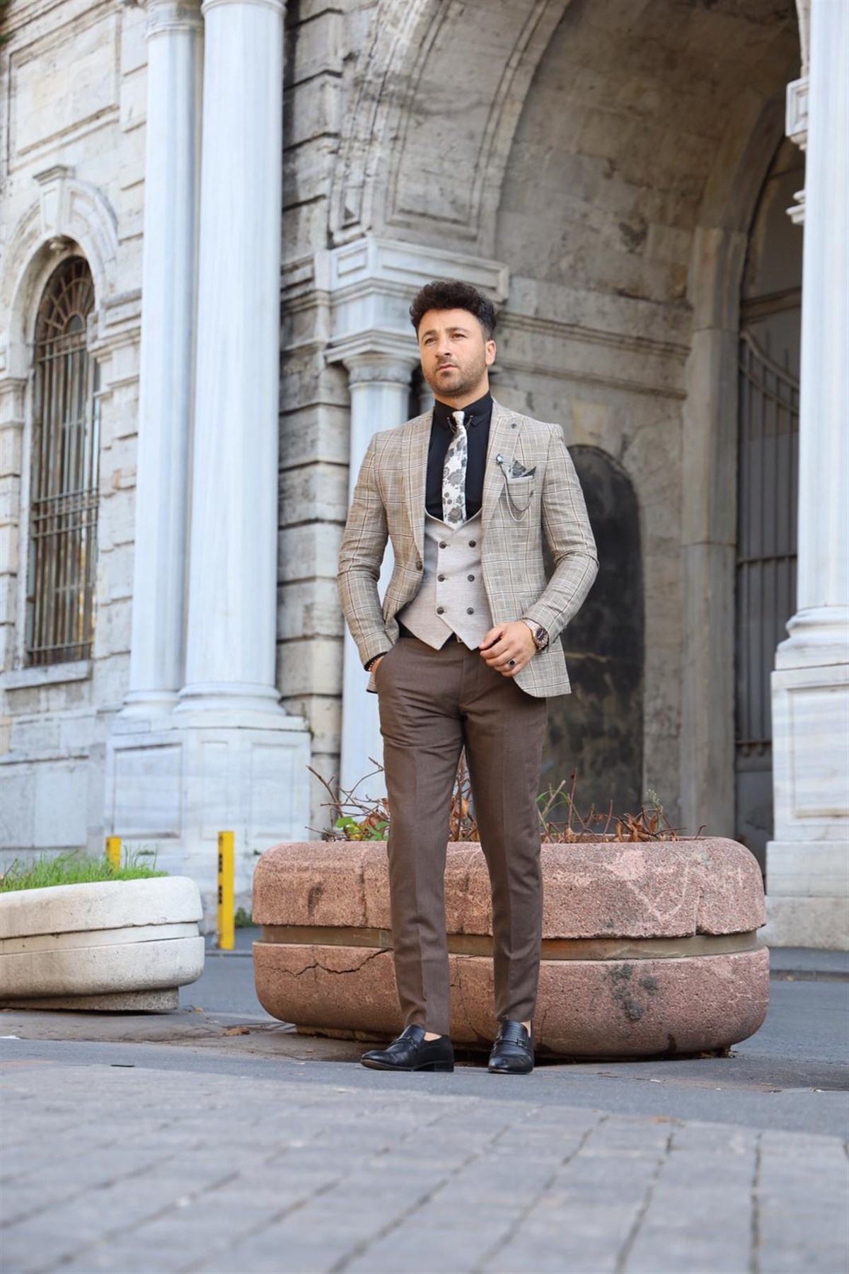 İtalyan Stil Takım Elbise Ceket Yelek Pantolon - Kahve