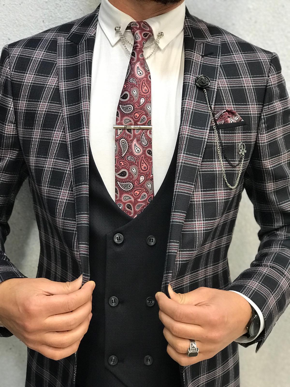 İtalyan Stil Takım Elbise Ceket Yelek Pantolon - Bordo Ekose