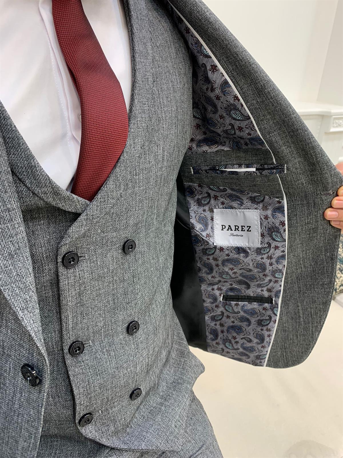 İtalyan Stil Takım Elbise Ceket Yelek Pantolon - Gri