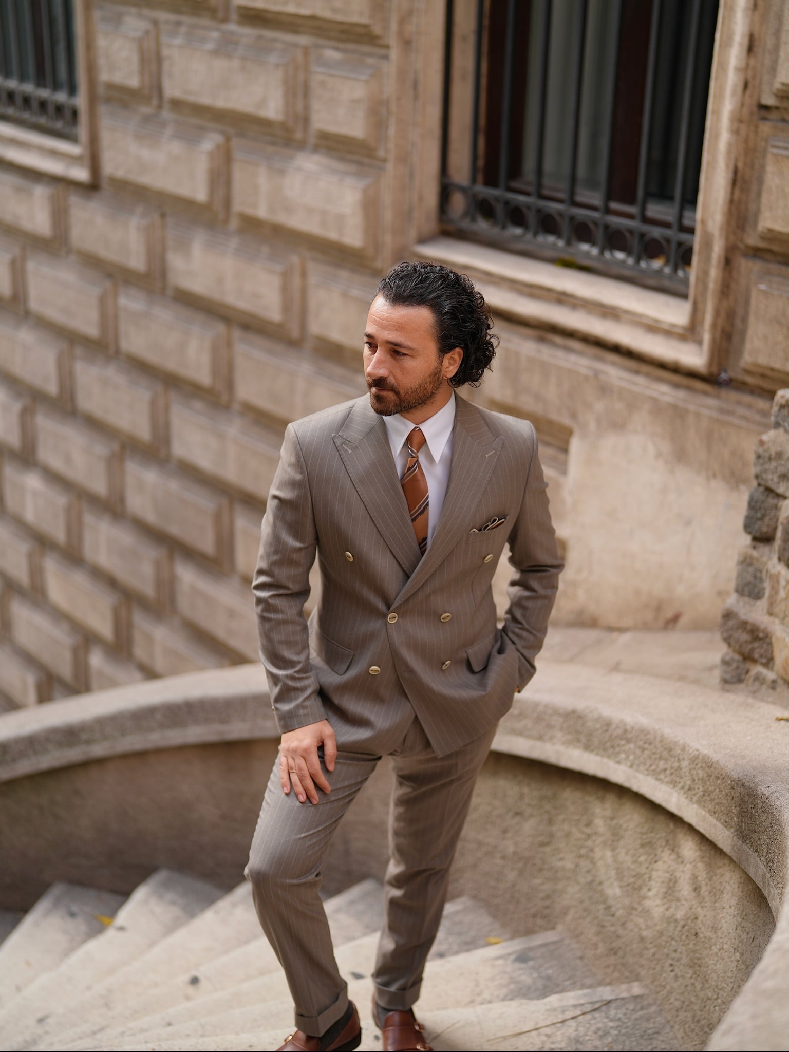 Premium Erkek Kruvaze Takım Elbise Slim Fit İtalyan Stil Punto Dikişli Ceket Pantolon - Sütlü Kahve