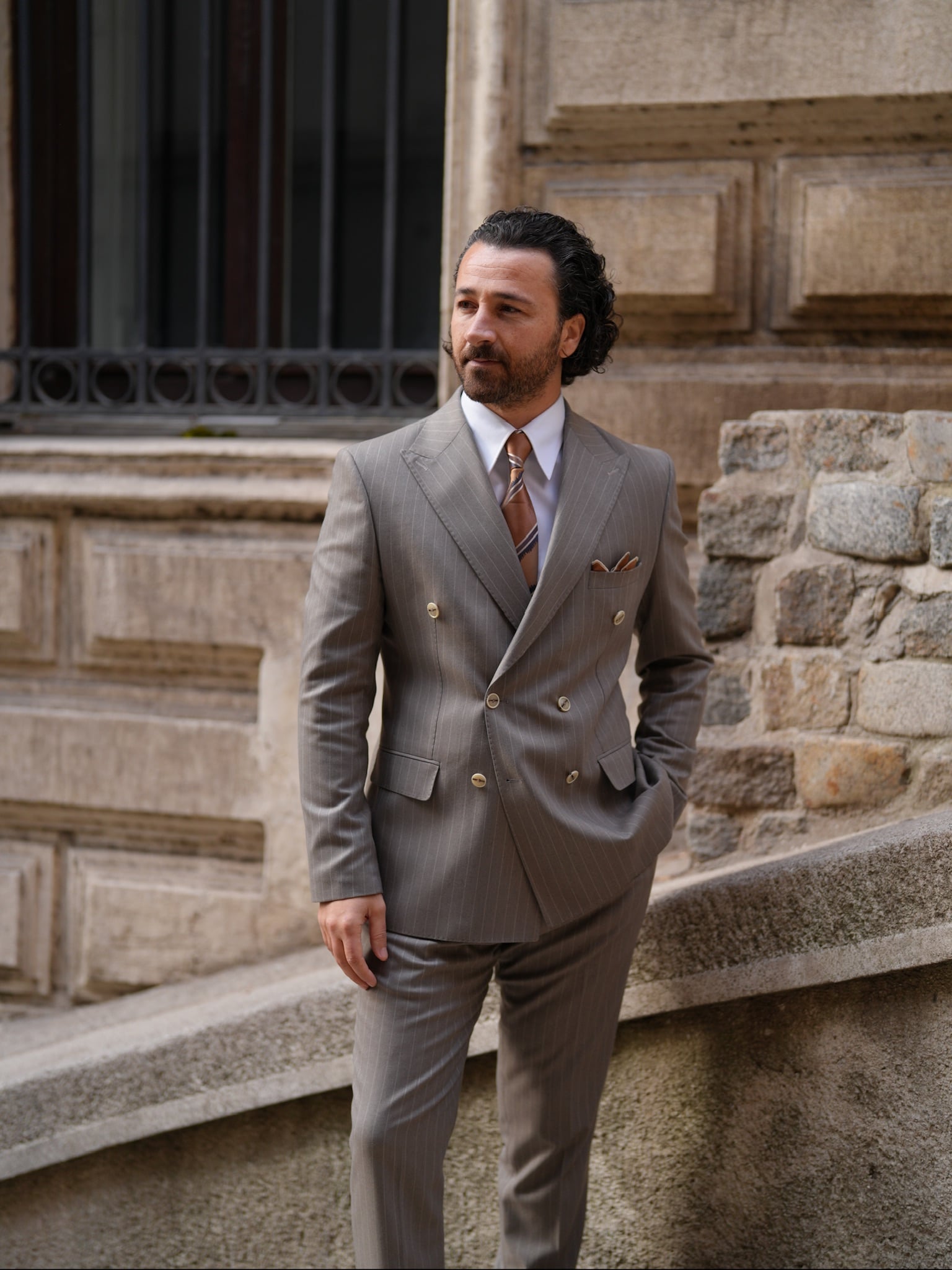 Premium Erkek Kruvaze Takım Elbise Slim Fit İtalyan Stil Punto Dikişli Ceket Pantolon - Sütlü Kahve