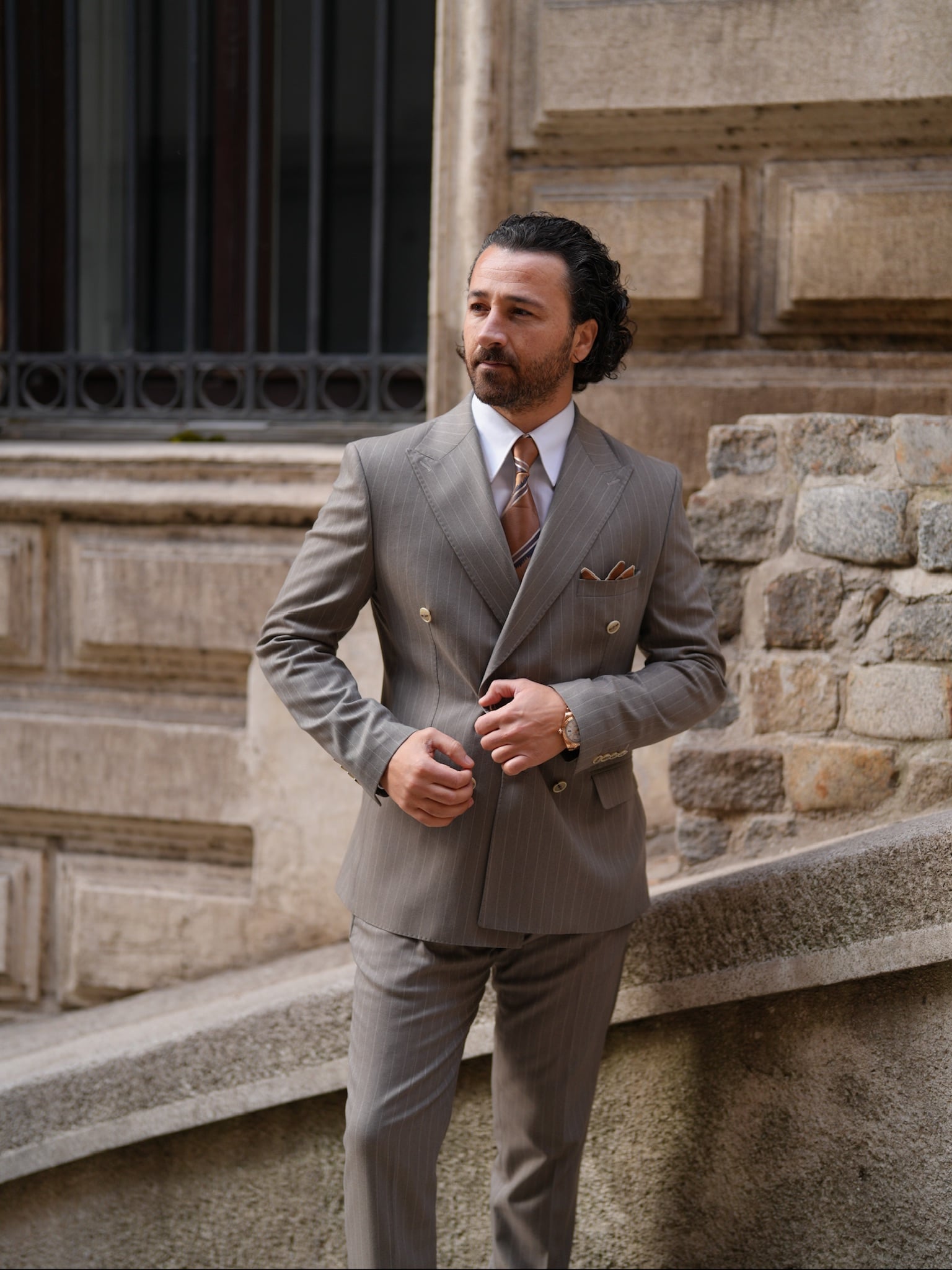 Premium Erkek Kruvaze Takım Elbise Slim Fit İtalyan Stil Punto Dikişli Ceket Pantolon - Sütlü Kahve
