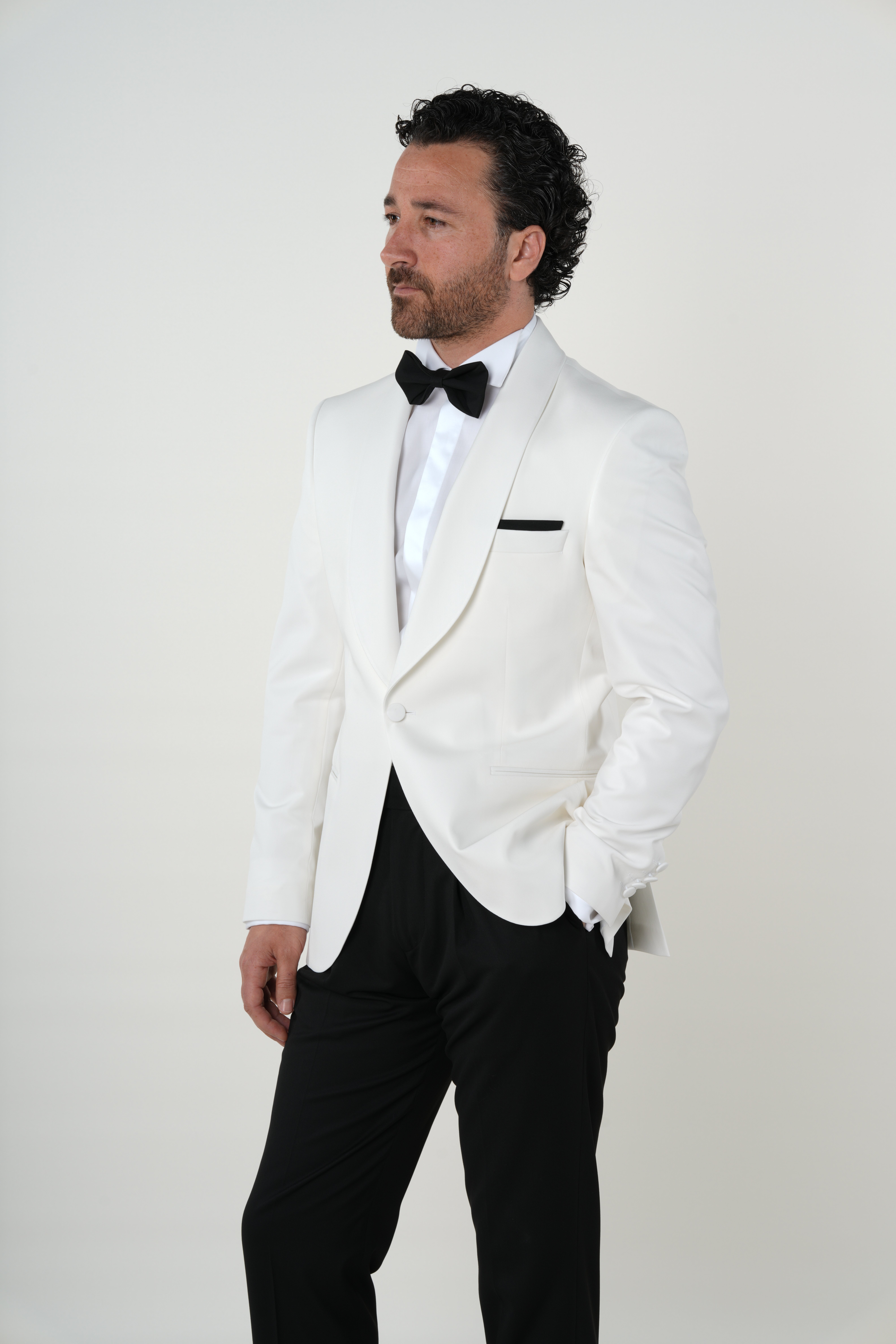 Premium Erkek Slim Fit İtalyan Stil  Smokin Şal Yaka Damatlık Ceket Pantolon Papyon-Beyaz