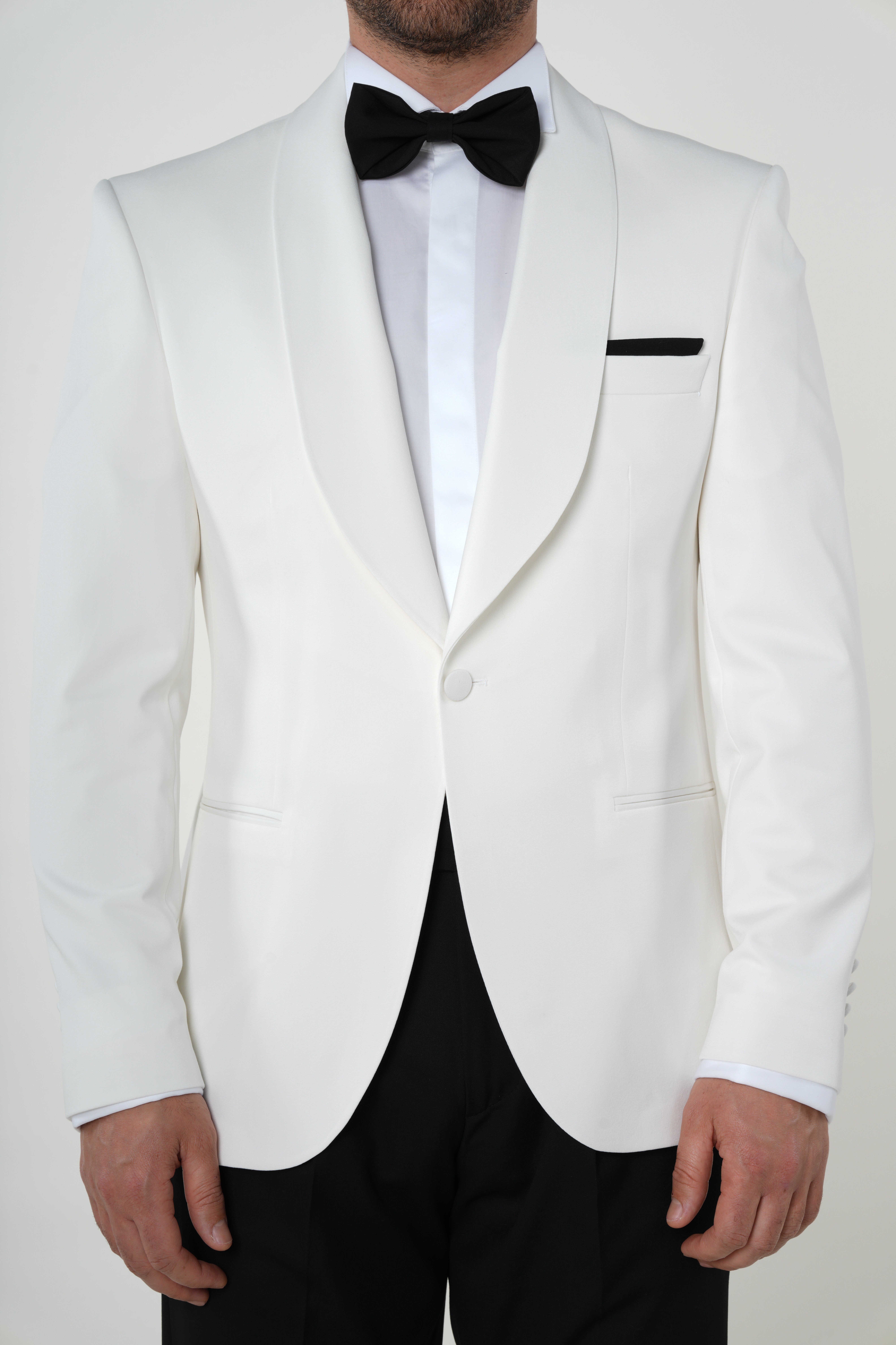 Premium Erkek Slim Fit İtalyan Stil  Smokin Şal Yaka Damatlık Ceket Pantolon Papyon-Beyaz