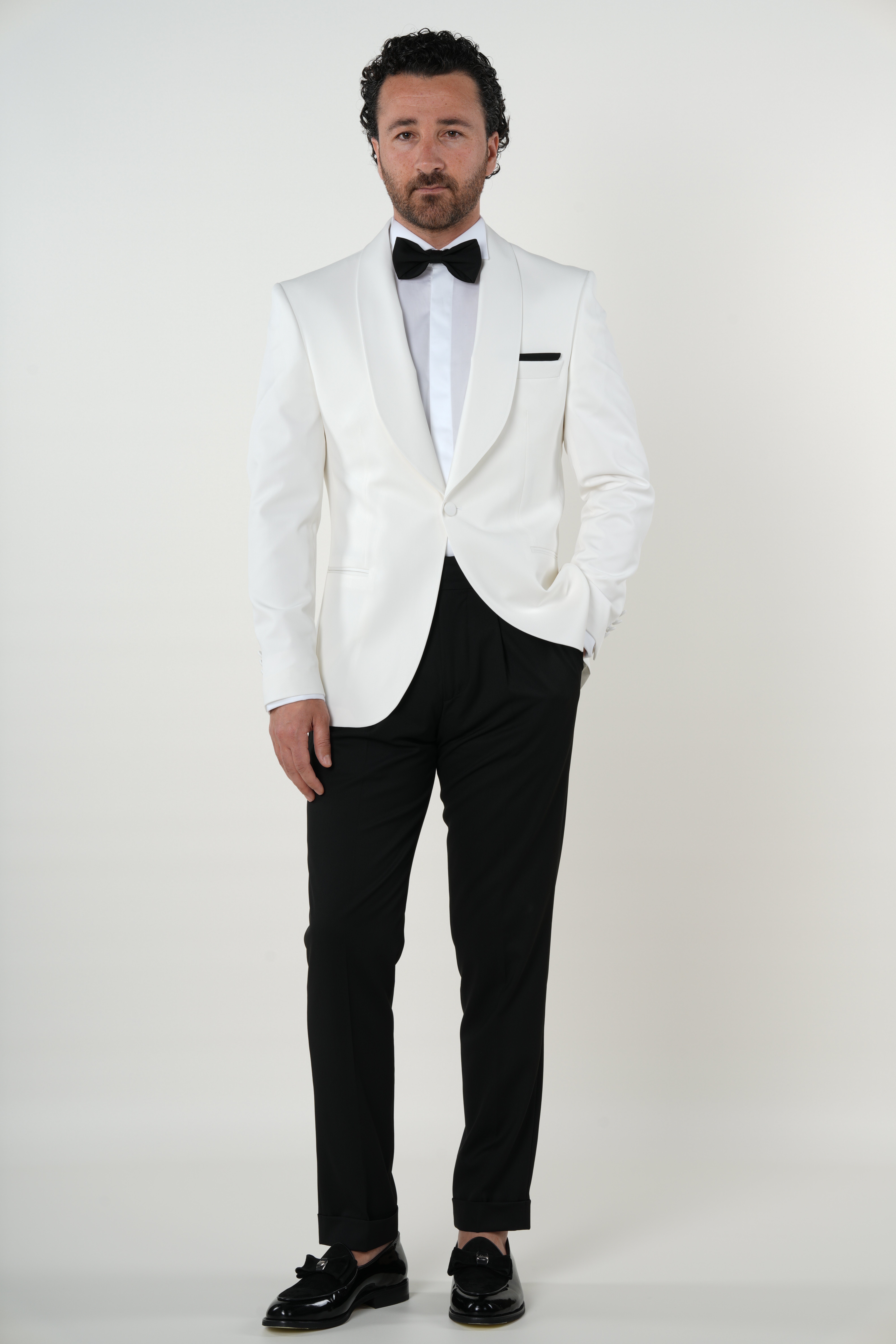 Premium Erkek Slim Fit İtalyan Stil  Smokin Şal Yaka Damatlık Ceket Pantolon Papyon-Beyaz