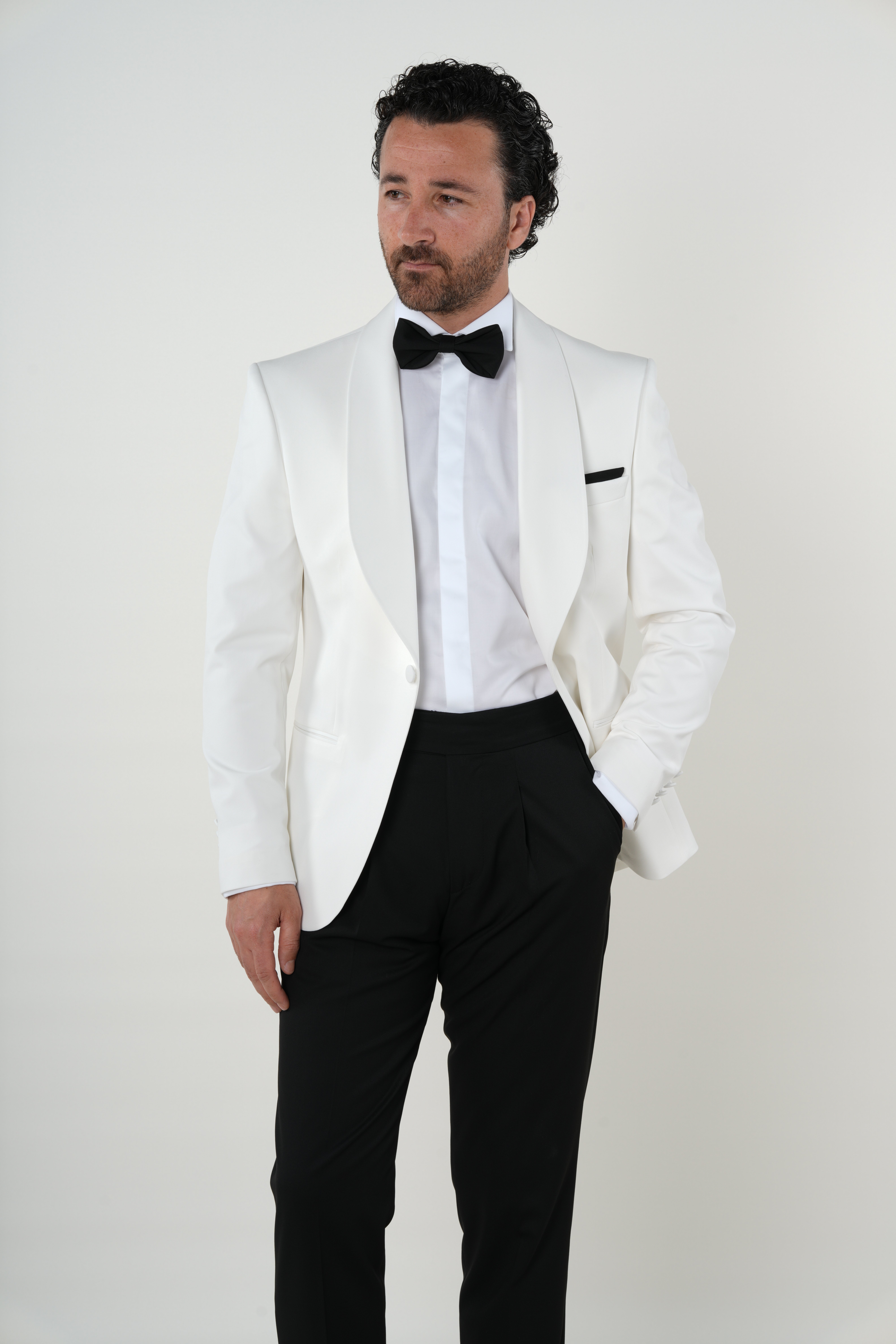 Premium Erkek Slim Fit İtalyan Stil  Smokin Şal Yaka Damatlık Ceket Pantolon Papyon-Beyaz