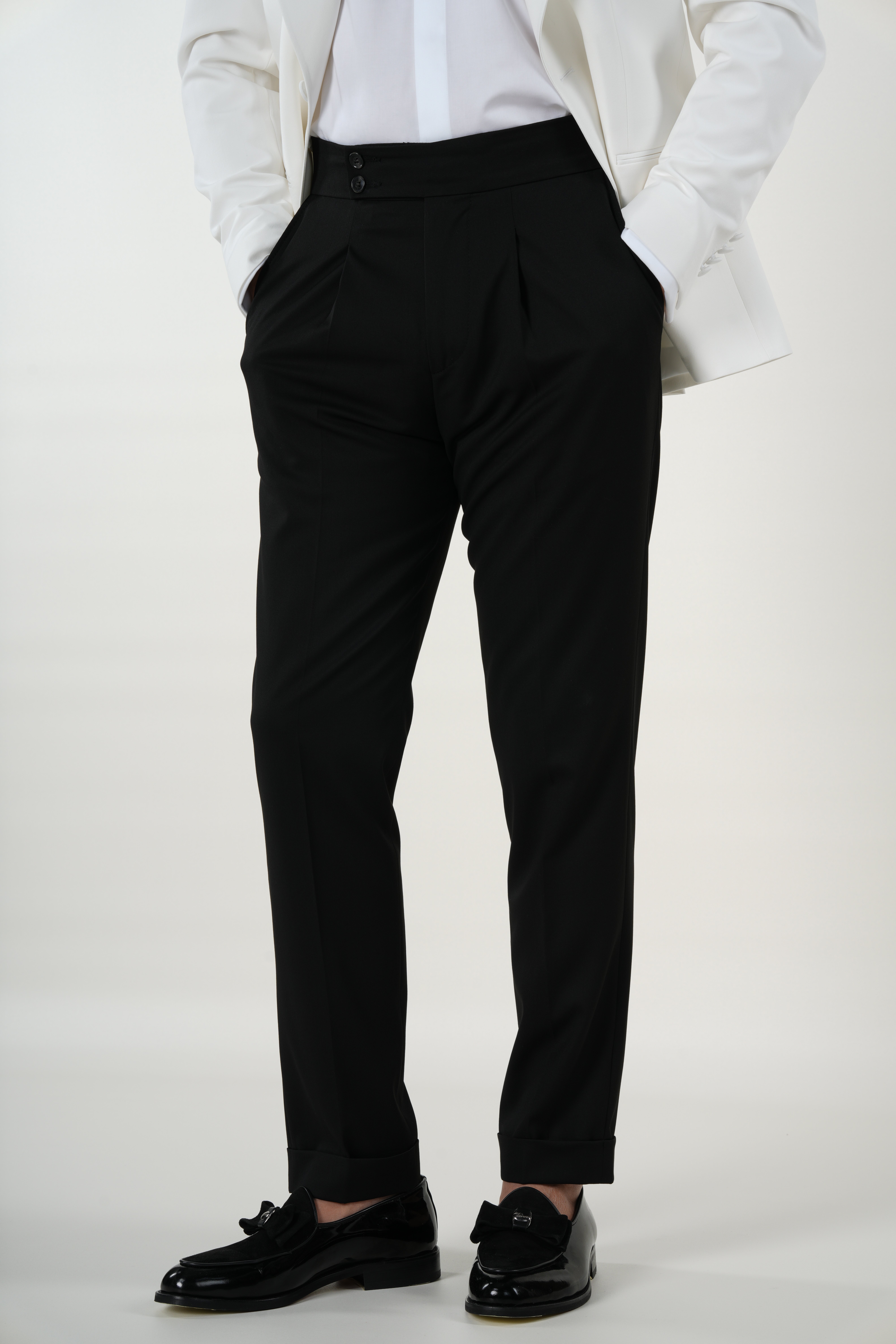 Premium Erkek Slim Fit İtalyan Stil  Smokin Şal Yaka Damatlık Ceket Pantolon Papyon-Beyaz