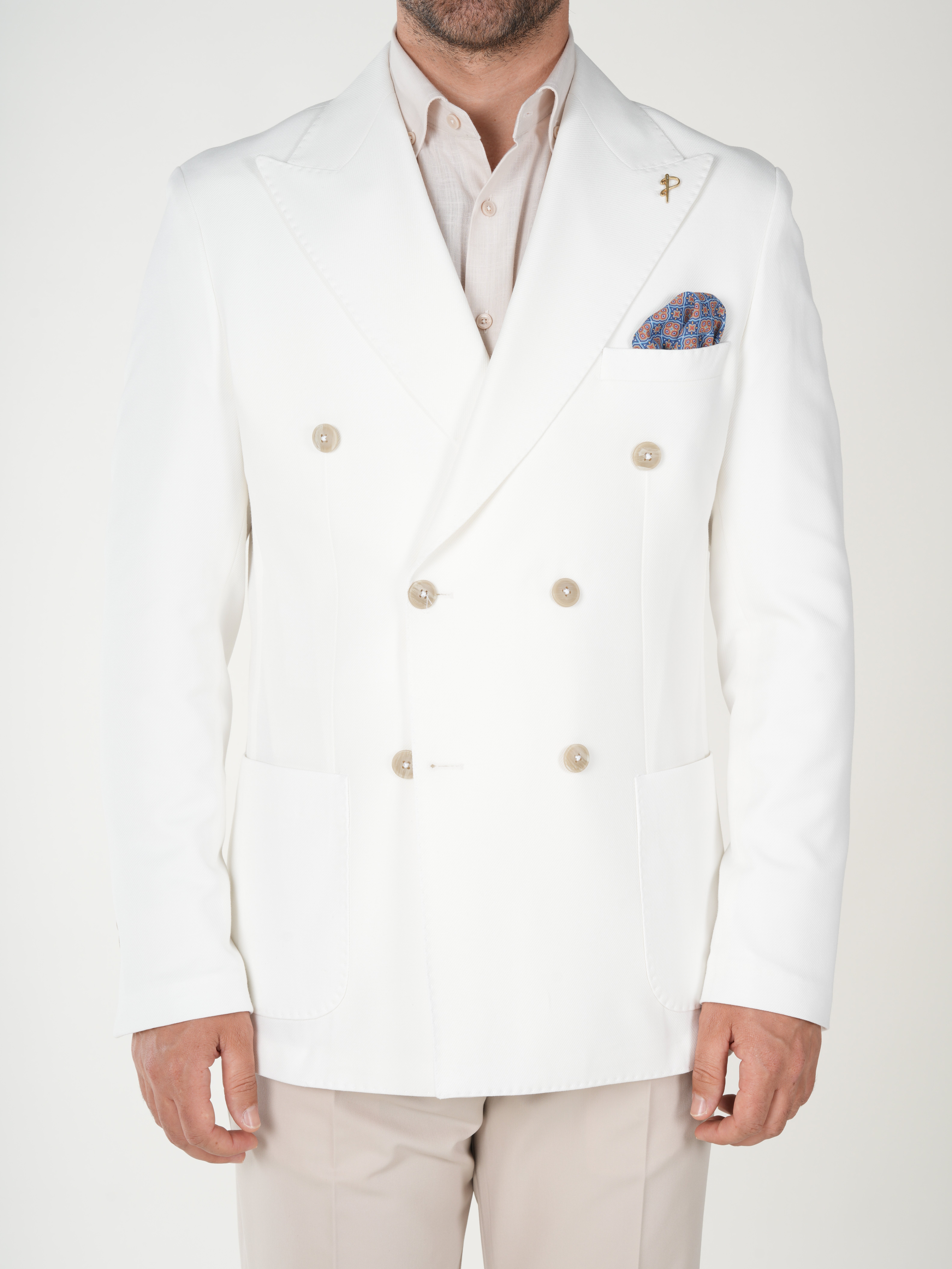 Premium Erkek Slim Fit İtalyan Stil Torba Cepli Punto Dikişli Astarsız Kruvaze Ceket-Beyaz