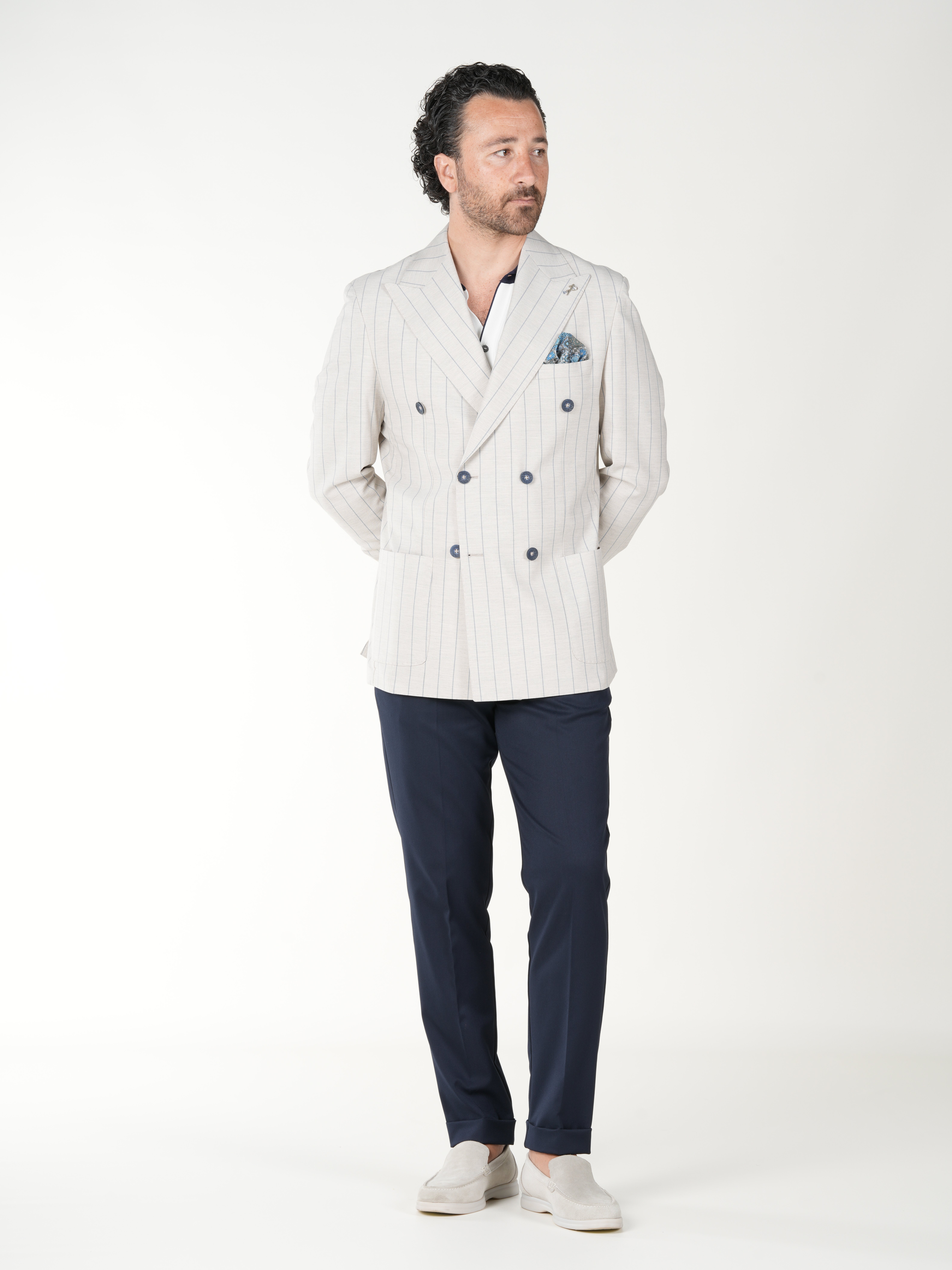 Premium Erkek Slim Fit İtalyan Stil Torba Cepli Punto Dikişli Astarsız Çizgili Kruvaze Ceket-Krem