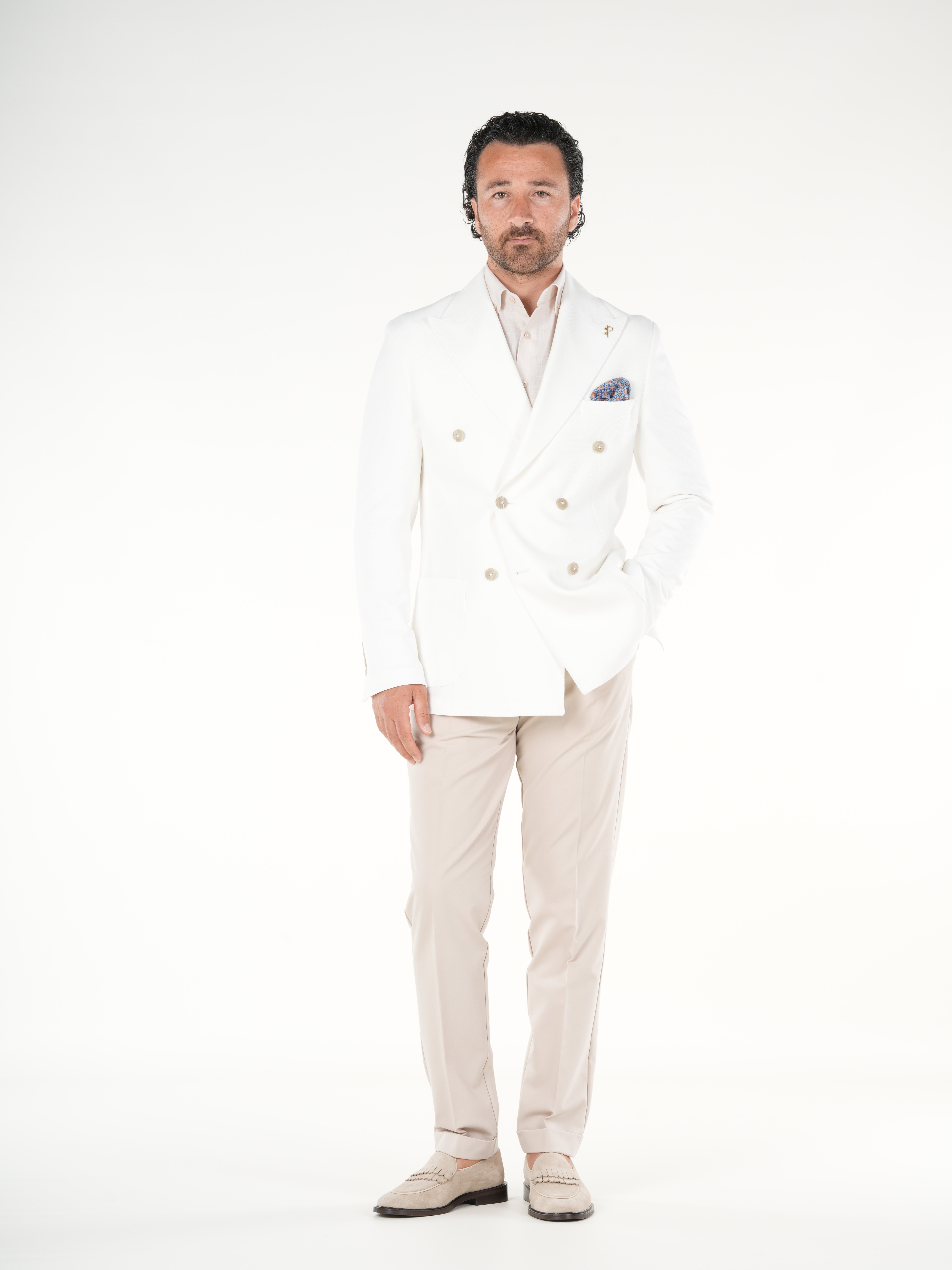 Premium Erkek Slim Fit İtalyan Stil Torba Cepli Punto Dikişli Astarsız Kruvaze Ceket-Beyaz