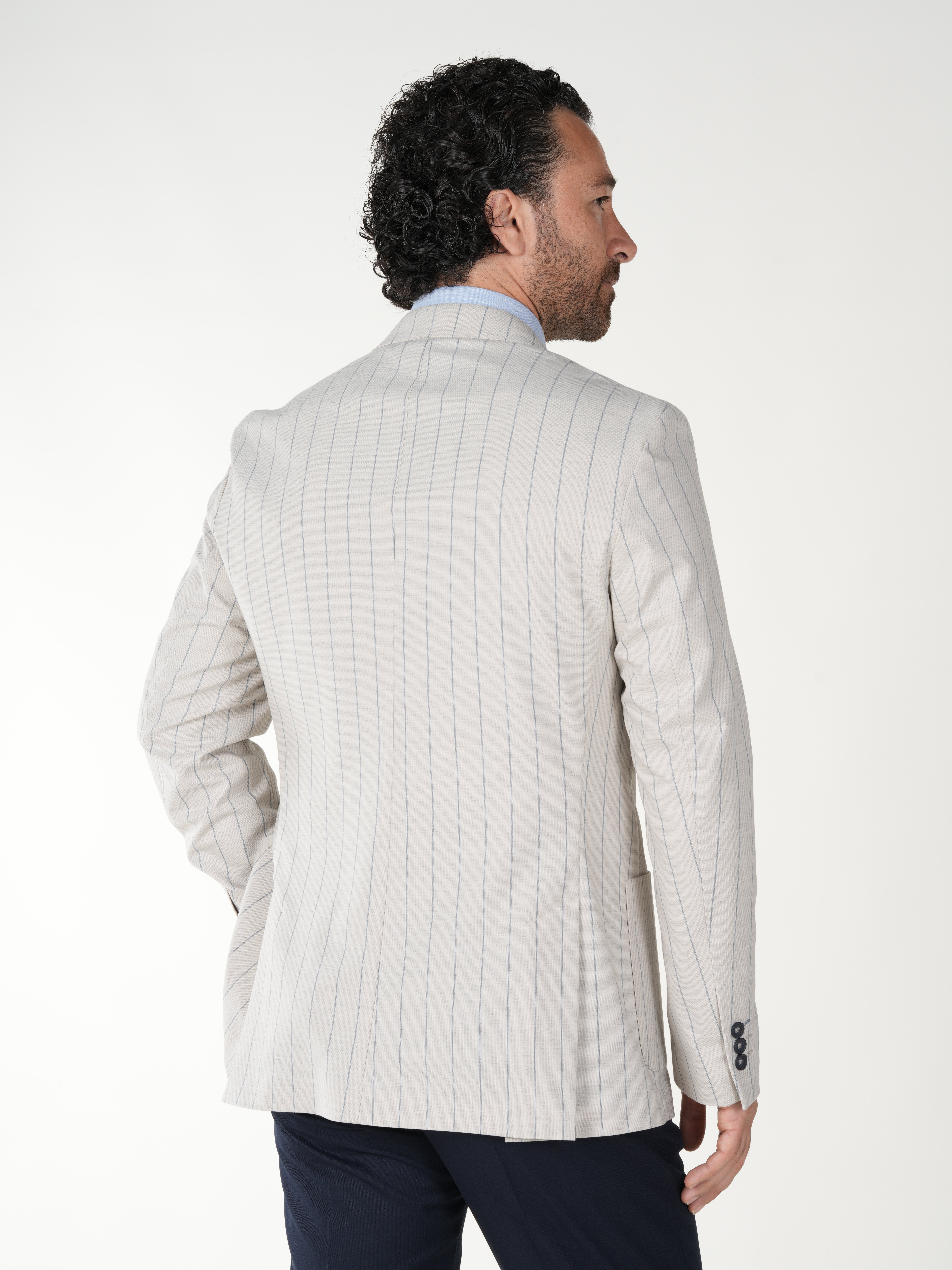 Premium Erkek Slim Fit İtalyan Stil Torba Cepli Punto Dikişli Astarsız Çizgili  Ceket-Krem