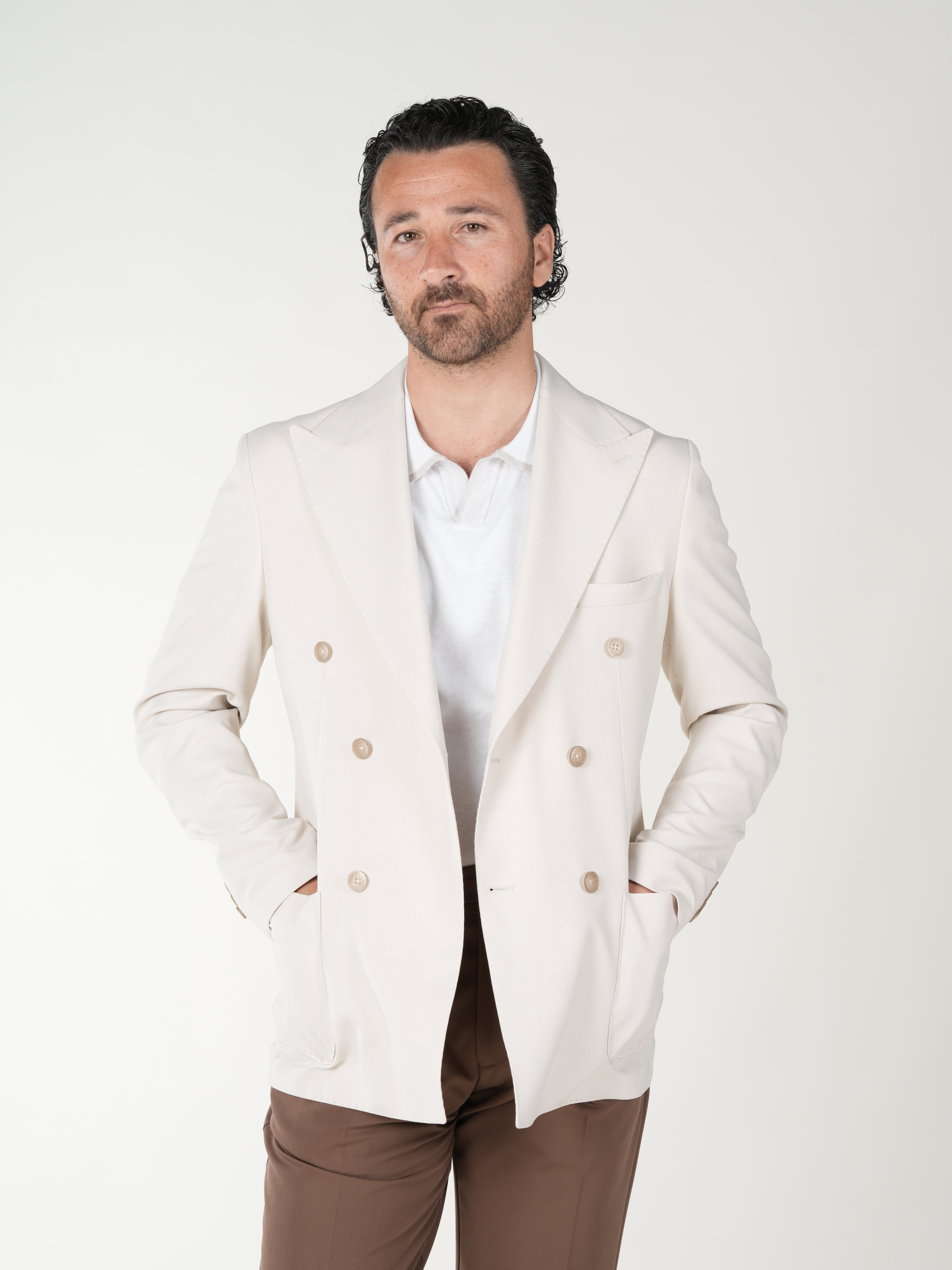 Premium Erkek Slim Fit İtalyan Stil Torba Cepli Punto Dikişli Astarsız Kruvaze Ceket-Bej