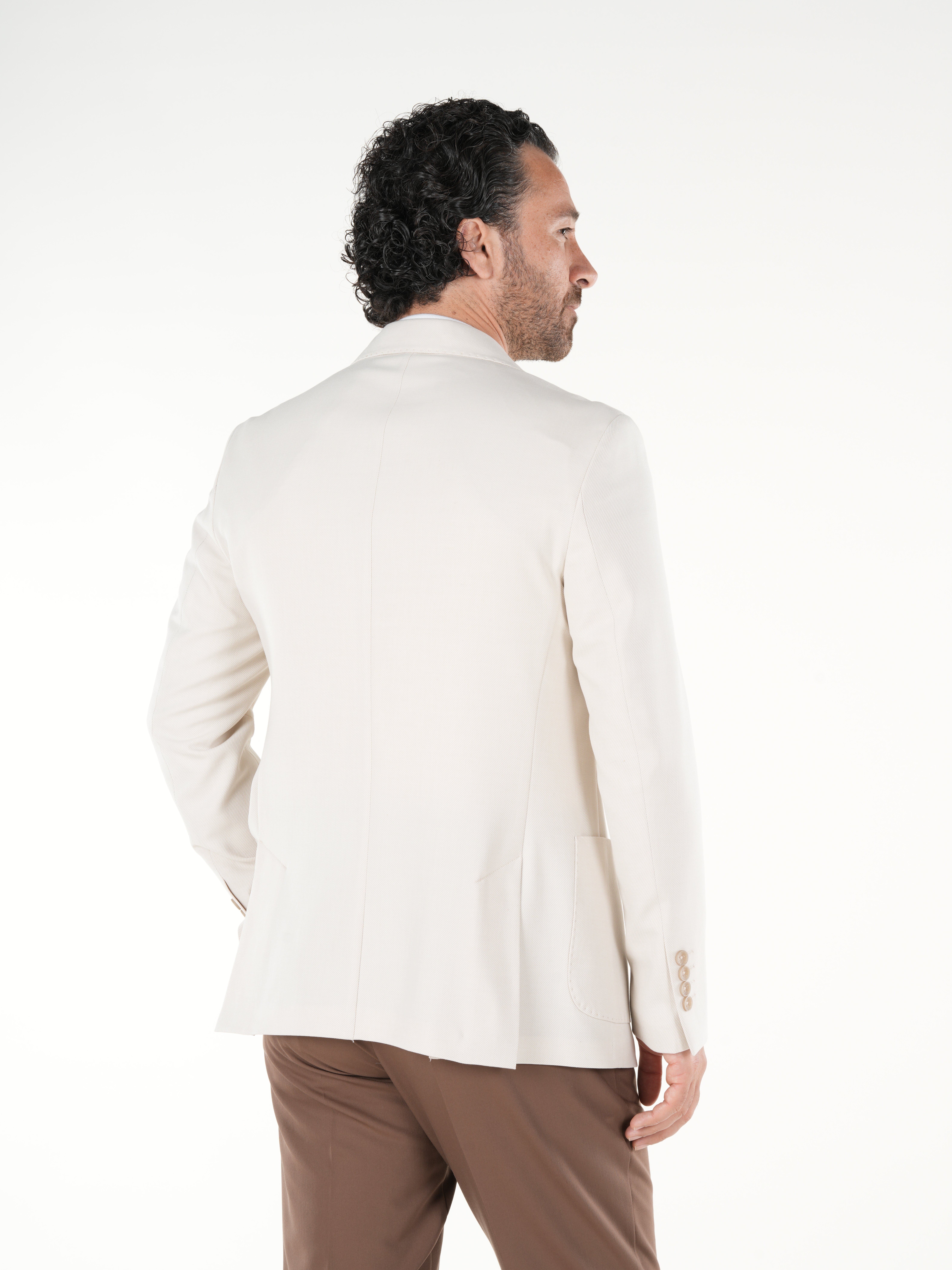 Premium Erkek Slim Fit İtalyan Stil Torba Cepli Punto Dikişli Astarsız Kruvaze Ceket-Bej