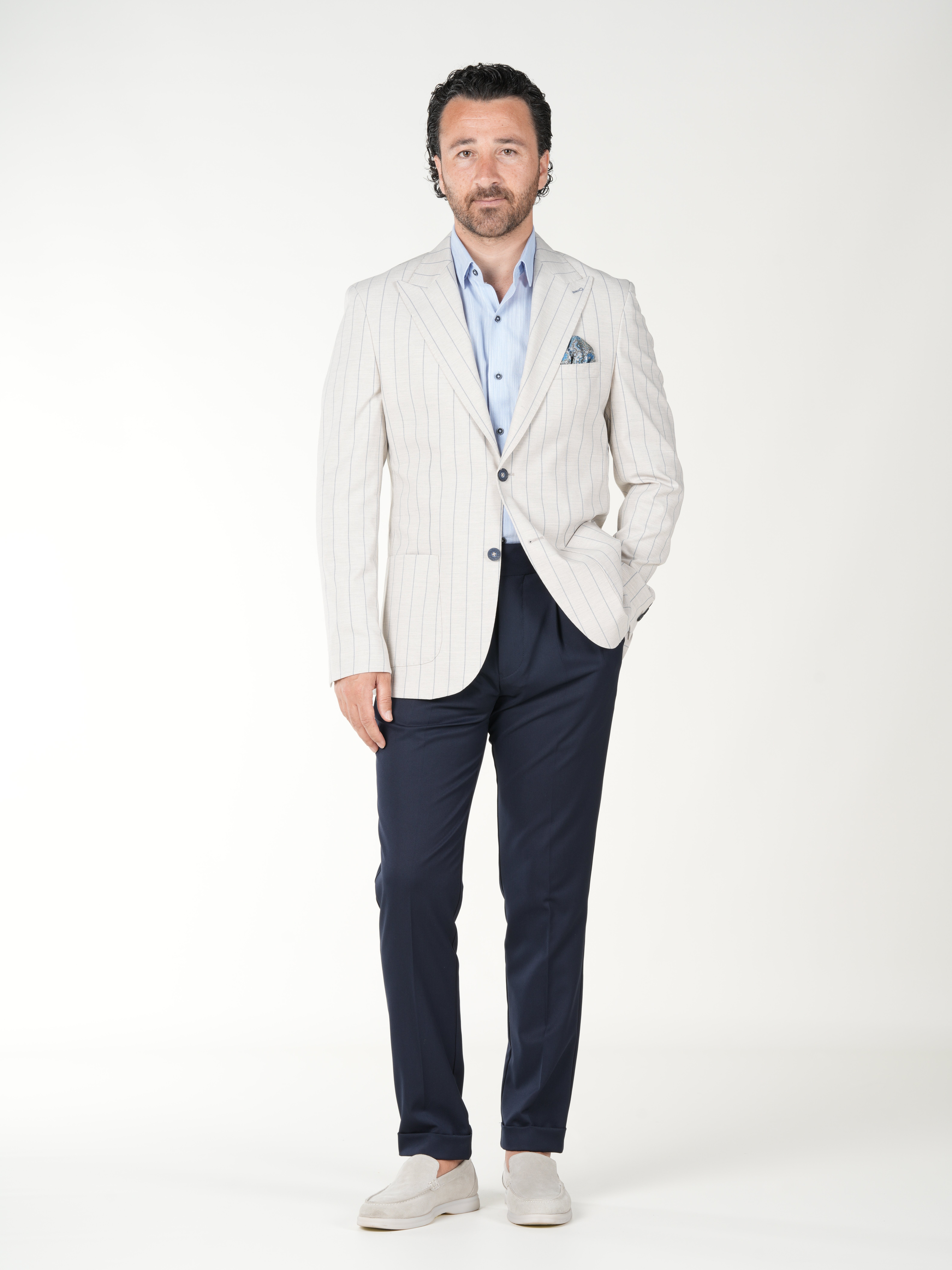 Premium Erkek Slim Fit İtalyan Stil Torba Cepli Punto Dikişli Astarsız Çizgili  Ceket-Krem